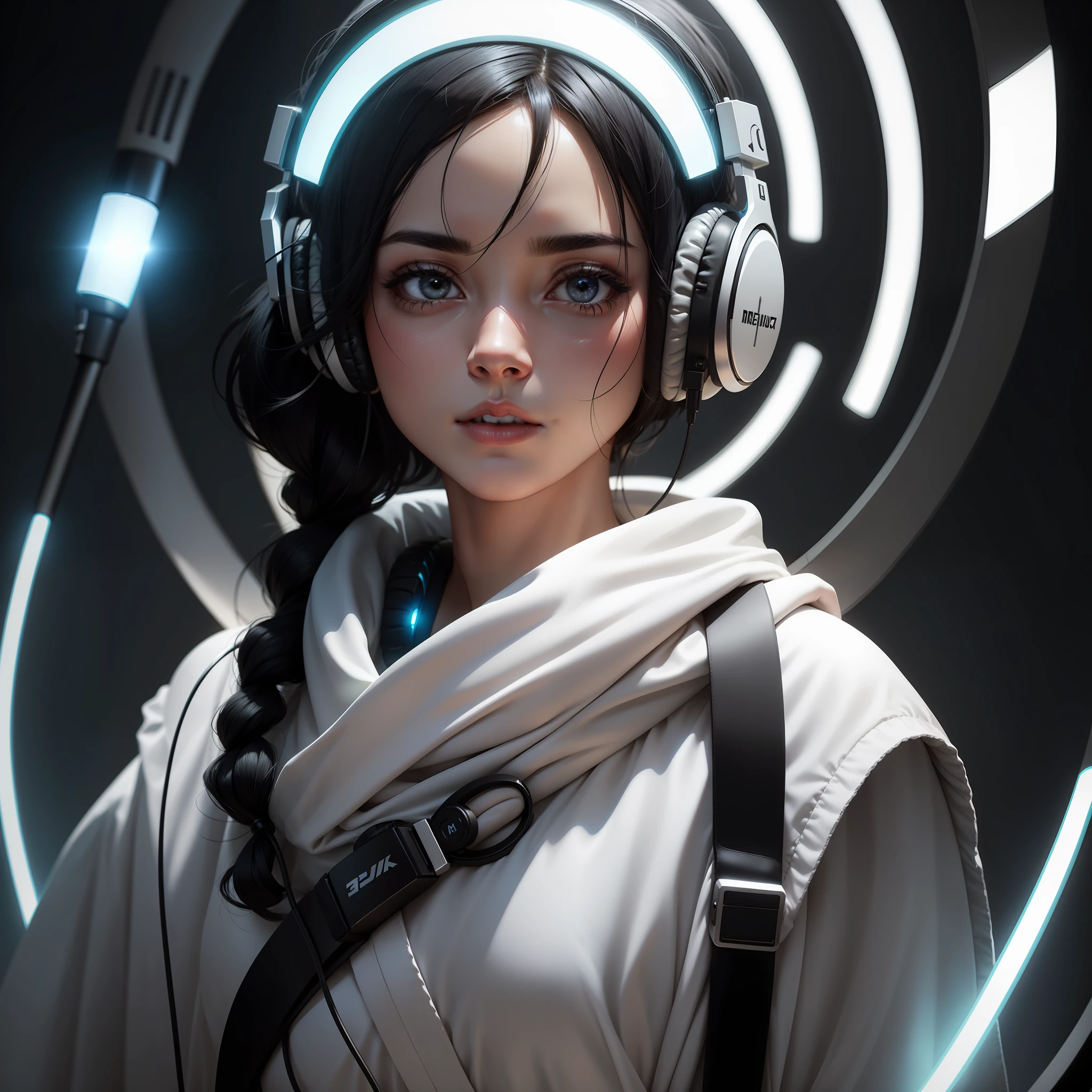 a close up of a woman with headphones on holding a glowing object, white and black hair, 8k