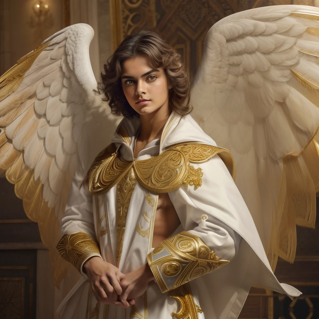 ((Male Custodian Angel. 19 years old))) ((( Con una cara seria y piadosa. Con una mirada dulce y tierna))) (obra maestra, calidad superior, mejor calidad, arte oficial, beautiful and aesthetic: 1.2), (1girl), extremadamente detallado, (Arte fractal: 1.3), colorido, highest detailed, Cara perfecta, parte superior del cuerpo, HDR, (orando: 1.3), (golden lines of white coat: 1.2), galaxia, (rayas de luz), eye-catching visuals, (dynamic stripes, senderos luminosos: 1.2), colores vibrantes,