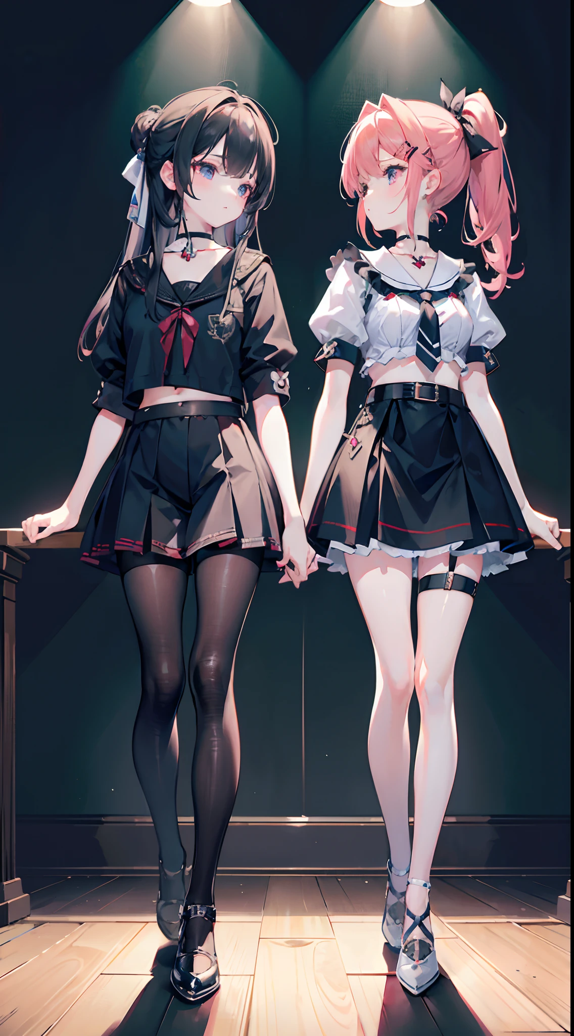 Dynamic shot, dynamic angle, ((2 girls)), squatting and standing above, dominating and dominated, bound, bondage, bound together, low lighting, bondage, schoolgirls, beautiful lingerie underware, slaves, scared, basement, cold light, high contrast, insecure, burning halo, highres, sharp focus, closeup, from below 