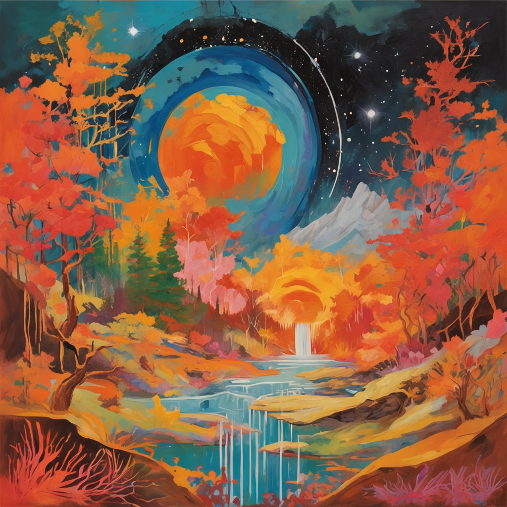 Intricate details of Japanese forest painting, By scope Murata Works, galaxy in background, clouds, vivd colour, hight contrast, mont, vector line art, orange highlights, trending on pixiv, anime concept art, Stick, carpets, high high quality, edge-to-edge, Sanskrit, Kanye West cover style, Kanye West cover style, Kanye West cover style, Kanye West cover style , Kanye West cover style , Kanye West cover style