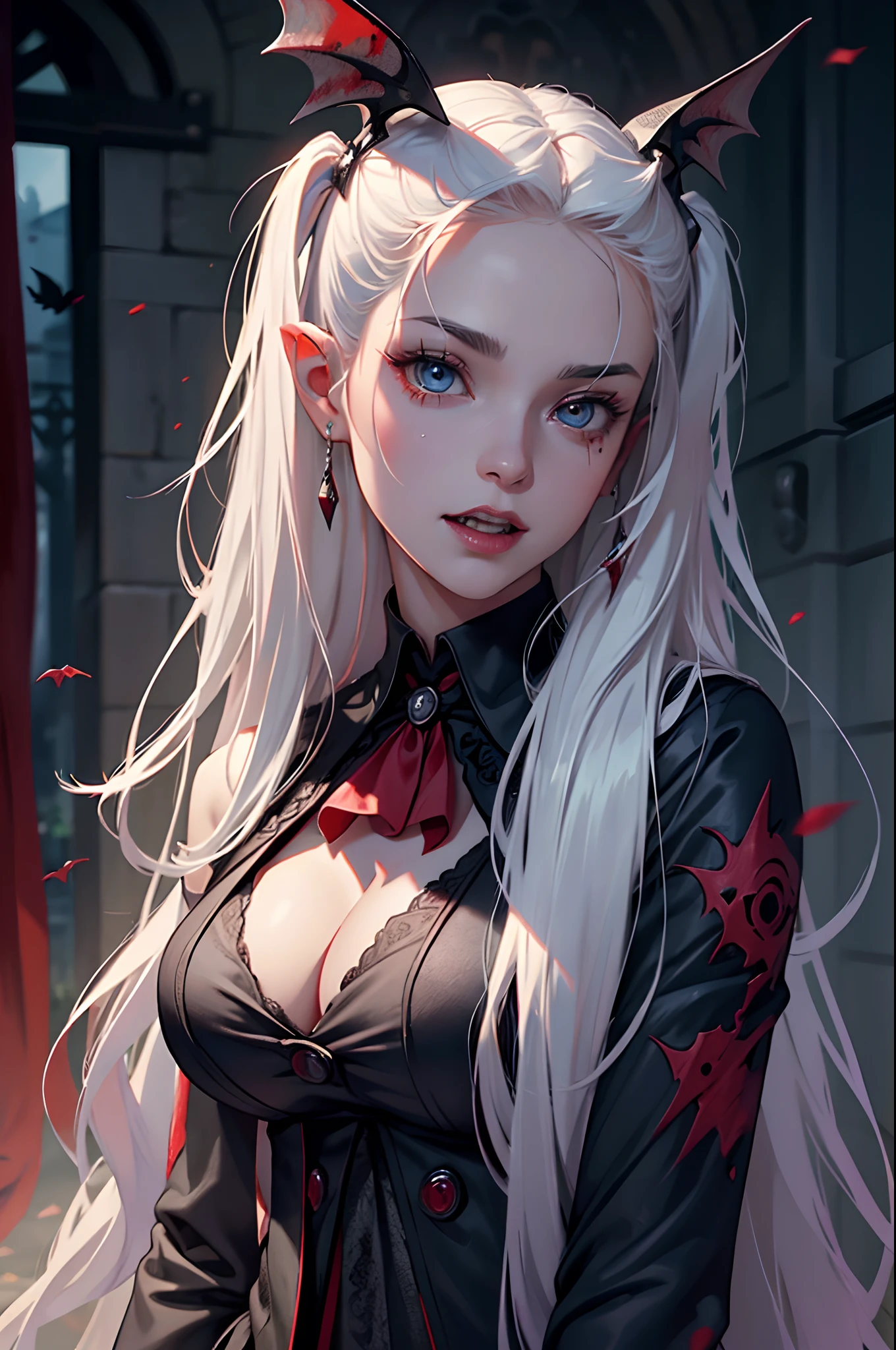 Handsome Count Vampire，closeup cleavage，head portrait，Open your mouth，long canine teeth，There is blood on the teeth，long whitr hair，（bleeding from the corners of her mouth：1.4），Blood splattered，the bats，depth of fields，dynamic blur，high light，Real light，Ray traching，oc rendered，Hyper-realistic，best qualtiy，8K，Works of masters，super-fine，Detailed pubic hair，Correct anatomy，sharp focus on eyes，Bokeh，Facial features are carefully depicted，