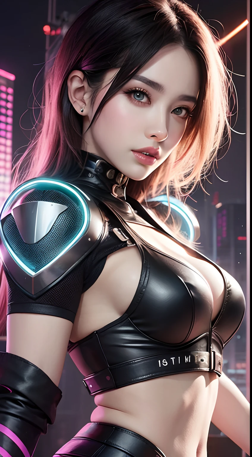 (((Differing views:1.5)))、(((Various poses:1.2)))、(((Different actions:1.5)))、((barcode))、(smile)、Mature Woman、masterpiece,highest quality,Very detailed、(((Big Breasts)))、((Art Movement:1.2))、bite、(Abdominal muscles)、((Light pink hair))、((Black Hair))、((Two-tone hair))、((Gradient Hair))、((((Unusual hairstyle)))), (((Trendy hairstyles)))、((Near future)),((sf)),Machinery Parts、((A white, ultra-tight plug suit with detailed decoration))、 (((Shingard:1.2、Elbow Guard:1.2、Knee guard:1.2、Chest Guard:1.2、Shoulder guard:1.2、Hard protector with detailed decoration:1.5)))、(((Inorganic protector)))、Very beautiful woman、headset、(((Luminescence Electronics)))、Slender women、((cyber punk))、(((Digital Metaverse)))、((Dark virtual space))、((Neon color))、(Lots of monitors)、((Fluorescent lighting in server room))、((Lots of electronics))、(((Connect with code)))、(Detailed face)、Realistic Skin、((Delicate photo)),(少女のmasterpiece、Photo details:1.25), (highest quality:1.6), (超A high resolution:1.5), (Realistic:1.75), 8K resolution, Canon EOS R5, 50mm, Absurd, Very detailed,Cinema Lighting,Browsing Caution:0.1、((Powered Suit))