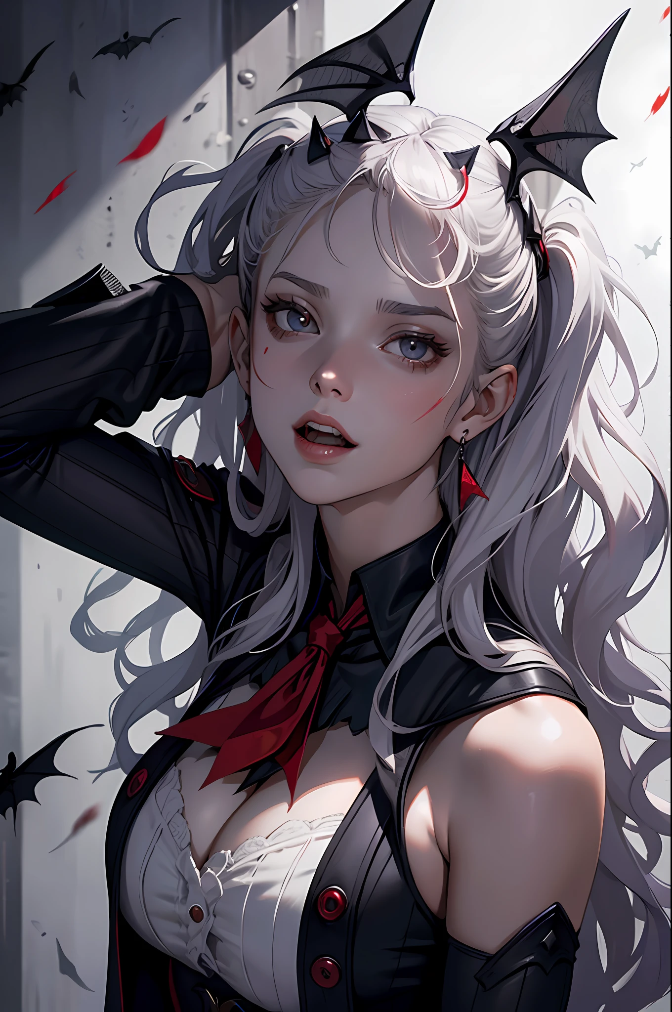 Handsome Count Vampire，closeup cleavage，head portrait，Open your mouth，long canine teeth，There is blood on the teeth，long whitr hair，（bleeding from the corners of her mouth：1.4），Blood splattered，the bats，depth of fields，dynamic blur，high light，Real light，Ray traching，oc rendered，Hyper-realistic，best qualtiy，8K，Works of masters，super-fine，Detailed pubic hair，Correct anatomy，sharp focus on eyes，Bokeh，Facial features are carefully depicted，
