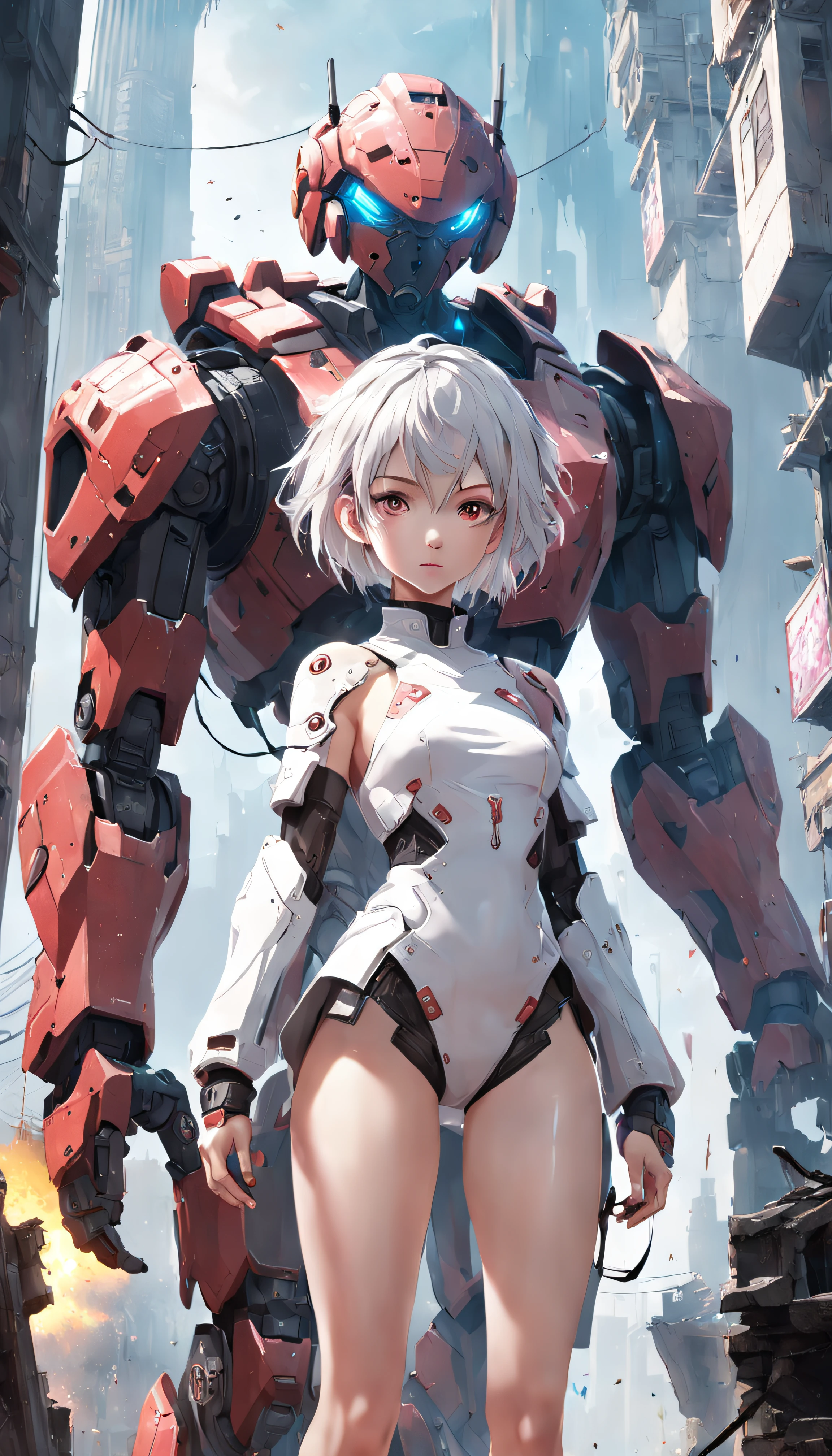 This is a CG Unity 8k wallpaper with ultra-detailed, high-resolution and top quality in cyberpunk style, dominated by black and red. In the picture, a beautiful girl with white messy short hair, a delicate face, wearing a steam mecha mask, standing on the ruins, behind her is a huge robot, Social realism, Hyperrealism, sparkle, cinematic lighting, lens flare, Ultra-Wide Angle