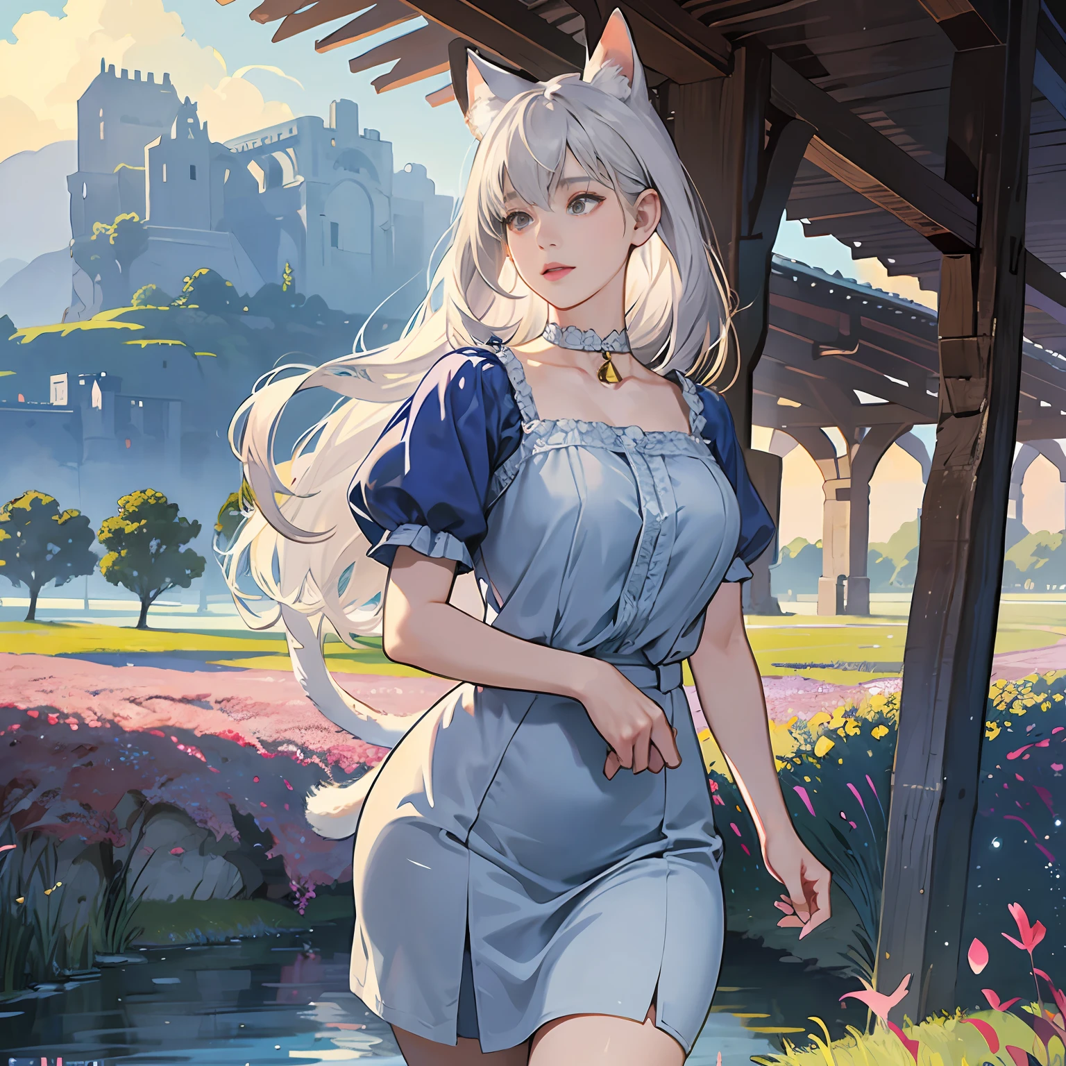 Women in Their 20s, offcial art, unity 8k wall paper, ultra-detailliert, beautifly、Aesthetic, masterpiece, top-quality, Photorealsitic、Cat-eared clan、Cat's ears、very thick tail:1.5、very thick and long tail、dark brown eyes、Silver-white hair、shorth hair、Short-cut hairstyles、White short sleeve blouse、Blue short skirt、Collar with bell:2.0、depth of fields, Fantastic atmosphere, Calm palette, tranquil mood, Soft shading、Large grasslands、flower field、cobblestone road、Stone signpost、Rivers and bridges、Beautiful Landscapes、bbw、very large breast、plump figure