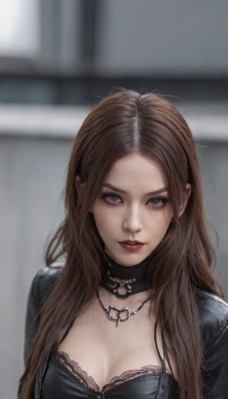 1Punk and goth girl with goth outfit,sexy,(black leather jacket, mini skirt, choker, bracelet:1.1),fishnet Stockings, tattoo, long hair, brown hair,Bare Shoulder, Hair between the eyes, Long hair, oval face, double eyelids, Parted lips, blue eyes, solo, ((areolas)), (huge cleavage),delicate and sexy(collarbone:1.3), light brown hair, (Shiny skin:0.8),(Masterpiece:1.4),(Best quality:1.4), Natural, Shiny Red lips, Perfect abs, (sheer areola), (sheer fabrics),outdoors, city, night, neon lights , dystopia, night time, future, large breasts