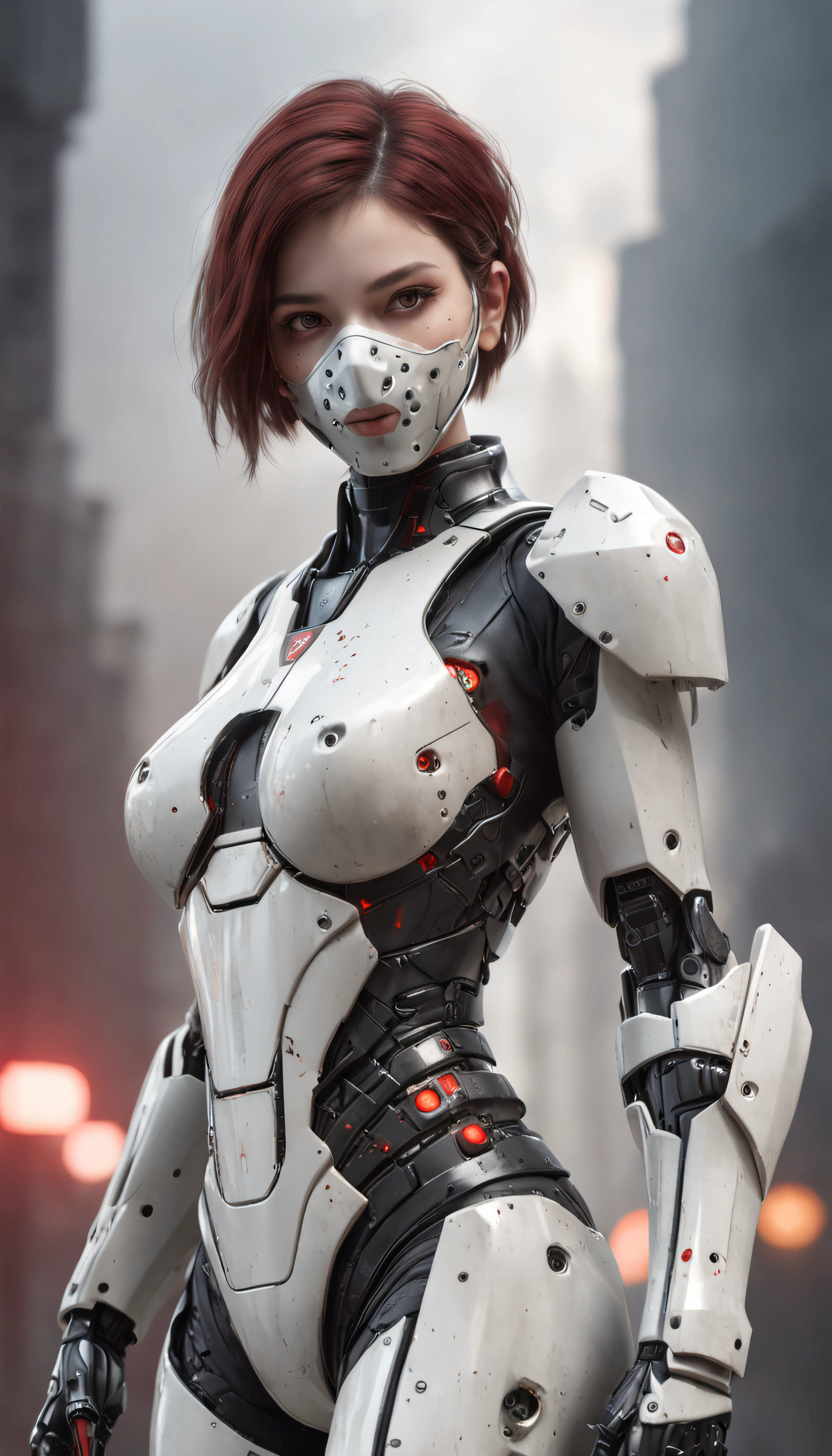 This is a CG Unity 8k wallpaper with ultra-detailed, high-resolution and top quality in cyberpunk style, dominated by black and red. In the picture, a beautiful girl with white messy short hair, a delicate face, wearing a steam mecha mask, standing on the ruins, behind her is a huge robot, Social realism, Hyperrealism, sparkle, cinematic lighting, lens flare, Ultra-Wide Angle