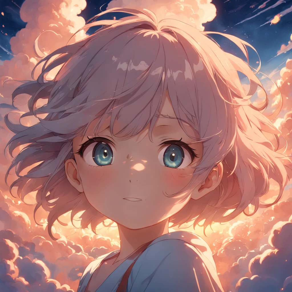 masterpiece, best quality, movie still, 1girl, cloud girl, floating in the sky, close-up, bright, happy, warm soft lighting, sunset, (sparks:0.7)