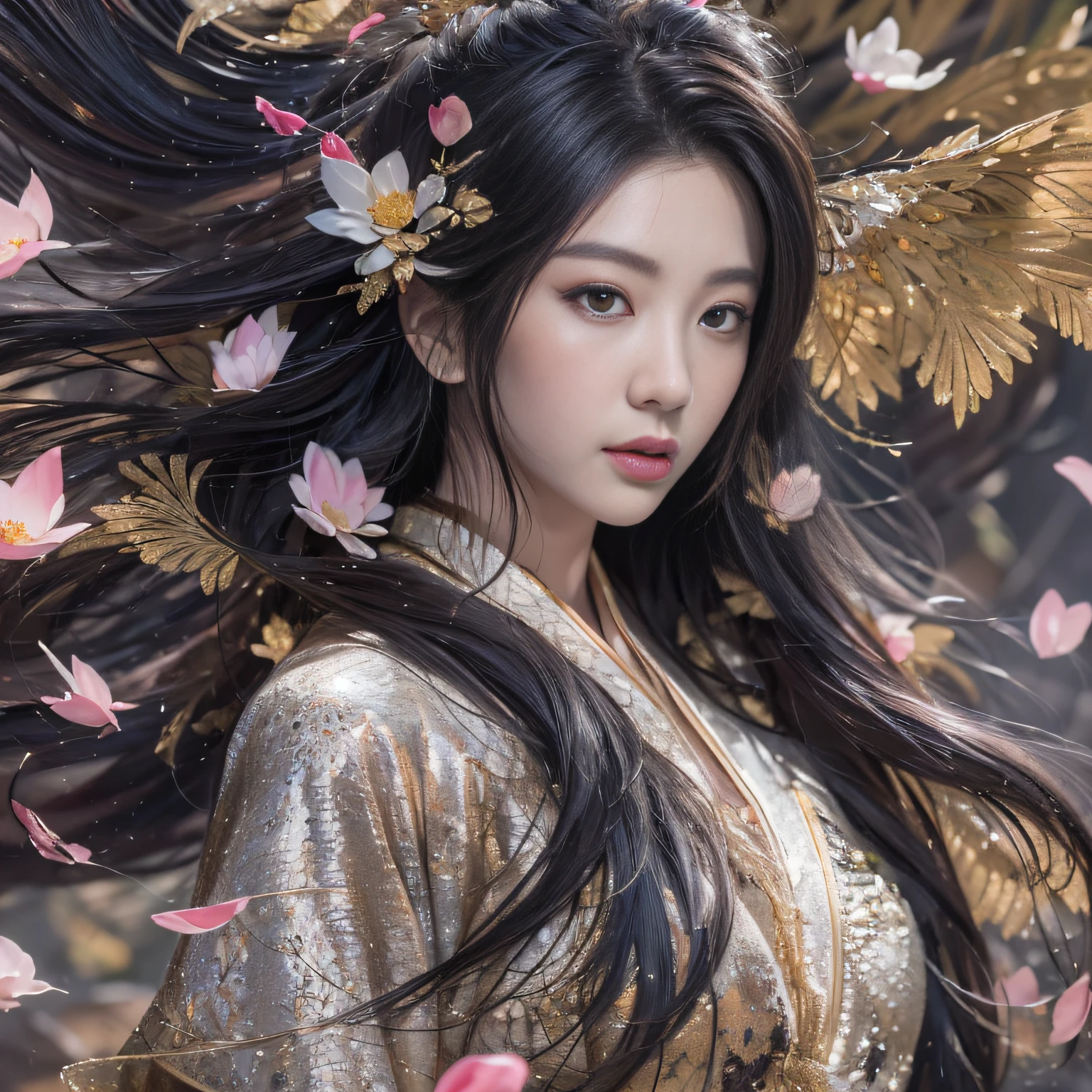 32K(tmasterpiece,k hd,hyper HD,32K)Long flowing black hair,ponds,zydink, a color, Xuzhou people (Silly girl), (Silk scarf), Combat posture, looking at the ground, long whitr hair, Floating hair, Carp pattern headdress, Chinese long sleeve silk garment, (abstract ink splash:1.2), Pink petal background,Pink and white lotus flowers fly(realisticlying:1.4),Black color hair,Fallen leaves flutter,The background is pure, A high resolution, the detail, RAW photogr, Sharp Re, Nikon D850 Film Stock Photo by Jefferies Lee 4 Kodak Portra 400 Camera F1.6 shots, Rich colors, ultra-realistic vivid textures, Dramatic lighting, Unreal Engine Art Station Trend, cinestir 800,Long flowing black hair