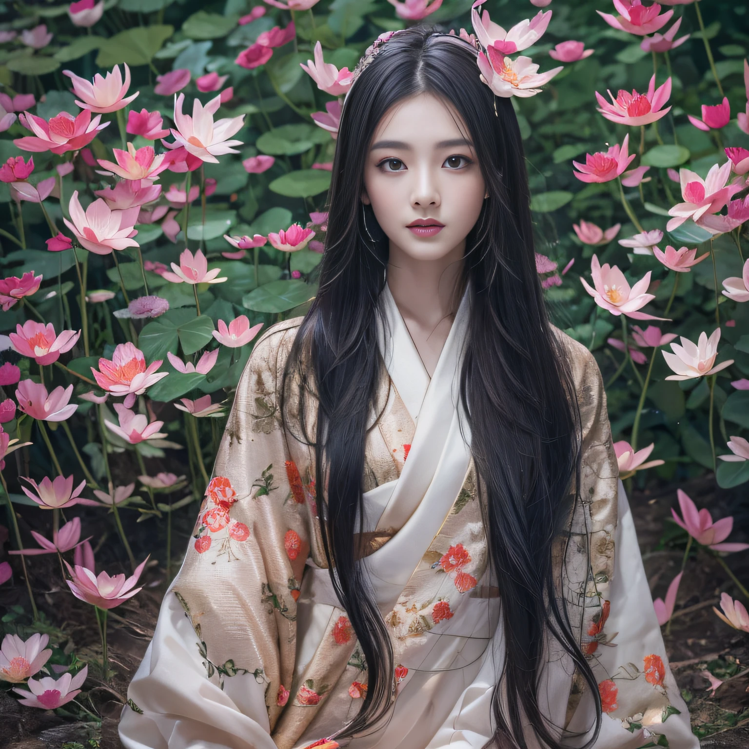 32K(tmasterpiece,k hd,hyper HD,32K)Long flowing black hair,ponds,zydink, a color, Xuzhou people (Silly girl), (Silk scarf), Combat posture, looking at the ground, long whitr hair, Floating hair, Carp pattern headdress, Chinese long sleeve silk garment, (abstract ink splash:1.2), Pink petal background,Pink and white lotus flowers fly(realisticlying:1.4),Black color hair,Fallen leaves flutter,The background is pure, A high resolution, the detail, RAW photogr, Sharp Re, Nikon D850 Film Stock Photo by Jefferies Lee 4 Kodak Portra 400 Camera F1.6 shots, Rich colors, ultra-realistic vivid textures, Dramatic lighting, Unreal Engine Art Station Trend, cinestir 800,Long flowing black hair