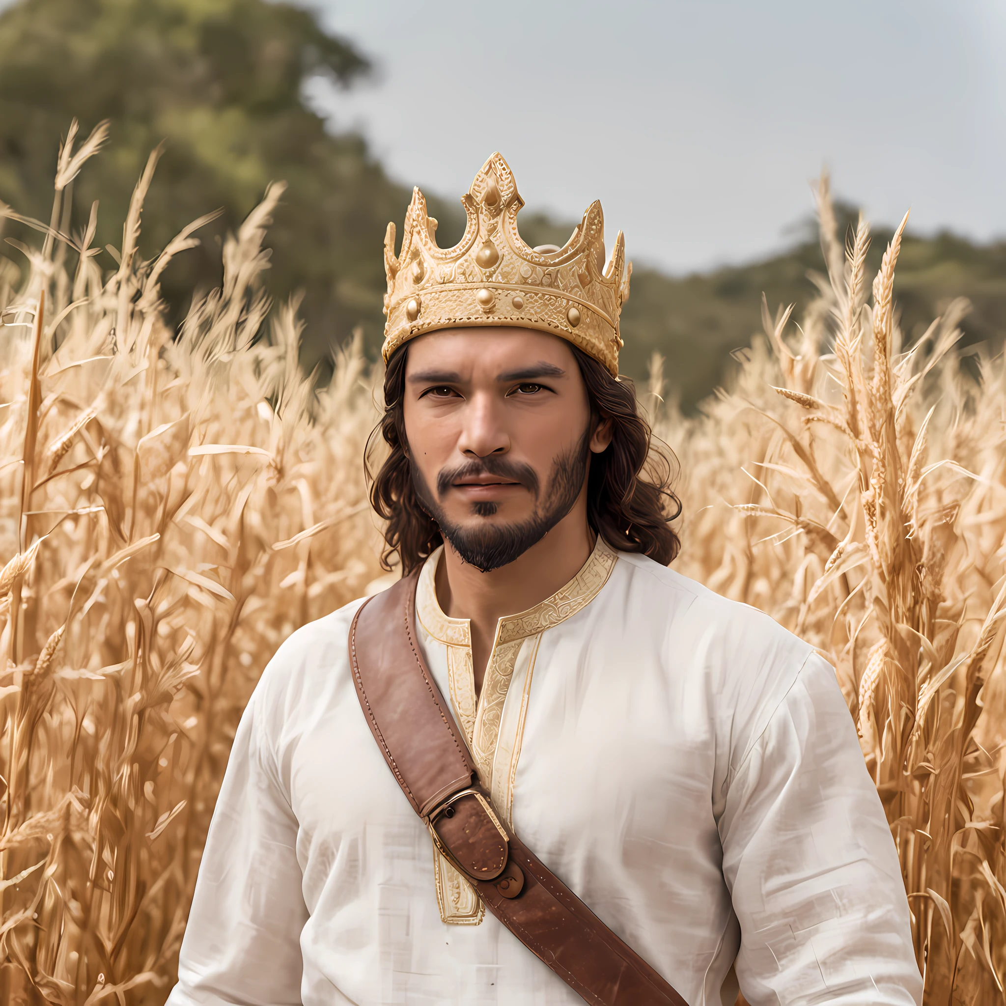 (Professional 3D rendering:1.3) de (Realistic:1.3) foto de arte mais bonita do mundo，((epic hero, rough fantasy, hero, olhar gentil, sorrindo com o canto da boca, Cabelos Longos, Large beard and strong expression in dynamic pose, strolling in the barley plantation, Location in the barley field, do lado direito, majestoso ambiente desordenado)), (roupas de um rei, ((Wear a crown on your head)); manto majestoso, White tunic and white linen shirt:1.4); corpo inteiro 8k unidade render, action shot, poros da pele, very dark lighting, sombreamento pesado, circunstanciado, rosto detalhado, (Vibrando, fotografia realista, Realistic, Dramatic, Escuro, foco nítido, 8k), (intrincado:1.4), decadente, (altamente detalhado:1.4), Pintura digital, conceito-arte, liso, foco nítido, illustration, germe da arte, (Loish:0.23), (global ilumination, studiolight, light volumetric), floating particles, fantasia, corpo inteiro.