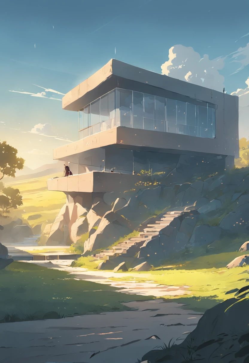 (((An amazing house))), (minimalism and brutalism style influence), (((with terraces))), (beautiful gardens), ((pool)), ((in top of big boulders)), (in edge of a river), sunset, big, deep and beautiful clouds, illustration format, cool and warm color palete, high contarst, hard shadows (Masterpiece, highest quality), (Exquisite lighting and shadow, highly dramatic picture, Cinematic lens effect), (((Simon Stålenhag visual style)))