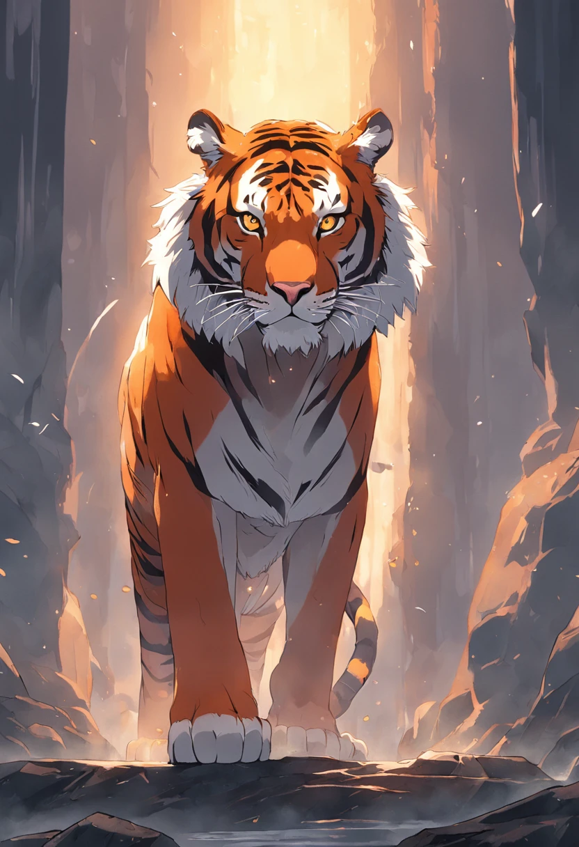 A majestic tiger standing tall in its natural habitat, showcasing its powerful presence and vibrant coat.