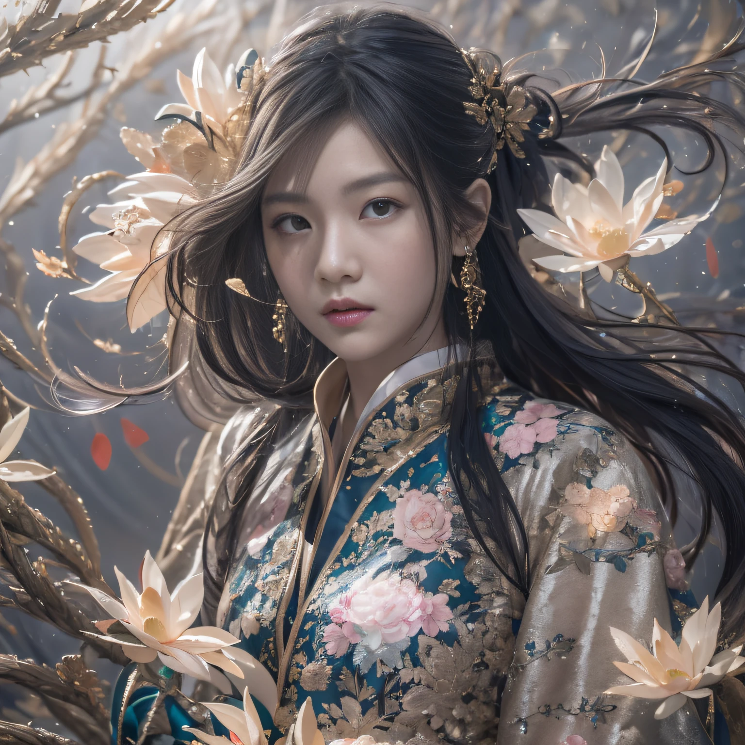 32K（tmasterpiece，k hd，hyper HD，32K）Long flowing black hair，ponds，zydink， a color，  Xuzhou people （Silly girl）， （Silk scarf）， Combat posture， looking at the ground， long whitr hair， Floating hair， Carp pattern headdress， Chinese long-sleeved clothing， （abstract ink splash：1.2）， Pink petal background，Pink and white lotus flowers fly（realisticlying：1.4），Black color hair，Fallen leaves flutter，The background is pure， A high resolution， the detail， RAW photogr， Sharp Re， Nikon D850 Film Stock Photo by Jefferies Lee 4 Kodak Portra 400 Camera F1.6 shots, Rich colors, ultra-realistic vivid textures, Dramatic lighting, Unreal Engine Art Station Trend, cinestir 800，Long flowing black hair，Denim skirt