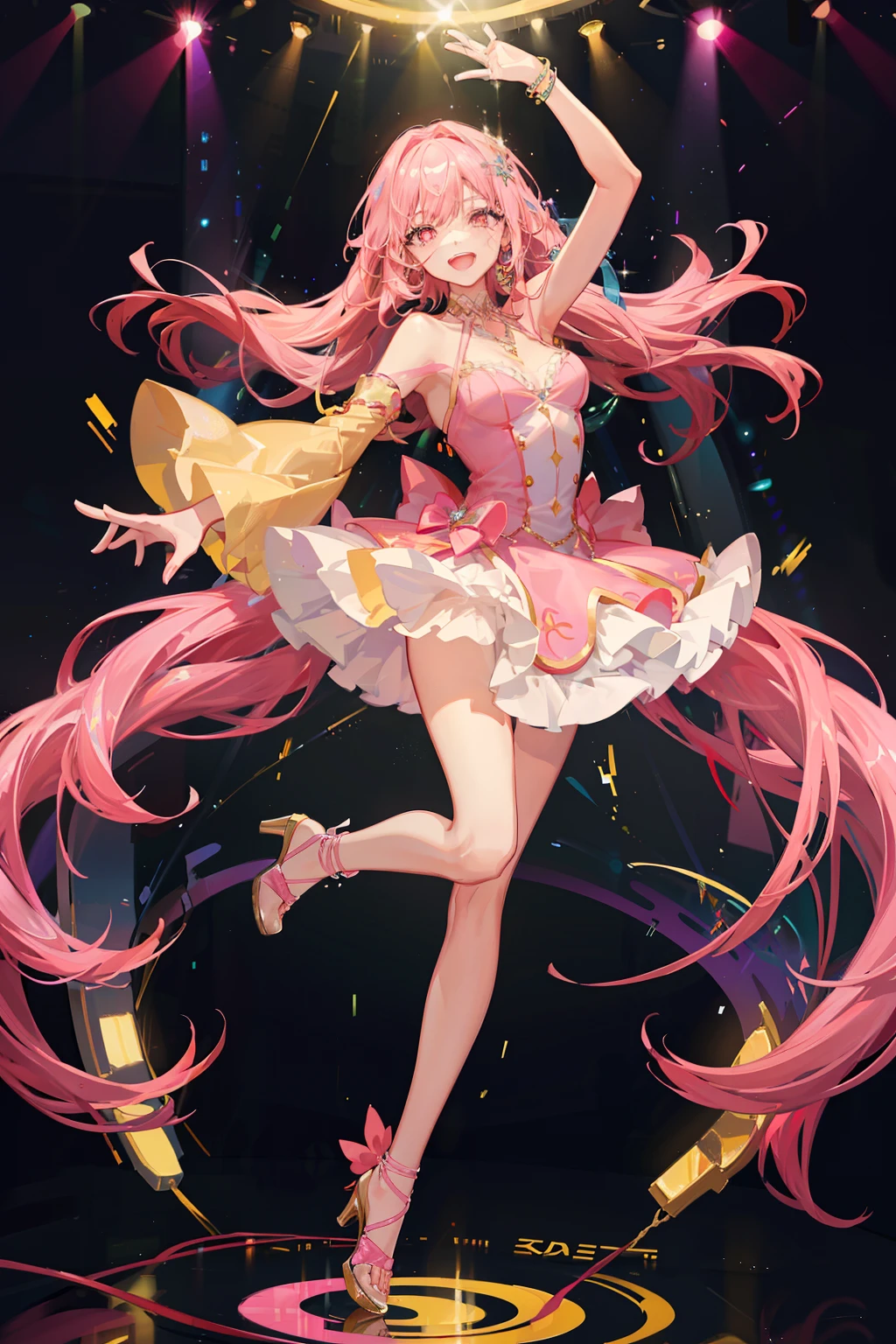 Full-body image. In a disco with lots of colored lights, A beautiful young woman dances on stage in a very cheerful and energetic way... She kept her hair long,Wavy。, She wore a short, tight light pink dress。, high-heels. She wears several very long rhinestone necklaces,Design youth.