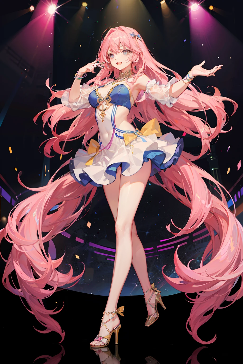 Full-body image. In a disco with lots of colored lights, A beautiful young woman dances on stage in a very cheerful and energetic way... She kept her hair long,Wavy。, She wore a short, tight light pink dress。, high-heels. She wears several very long rhinestone necklaces,Design youth.