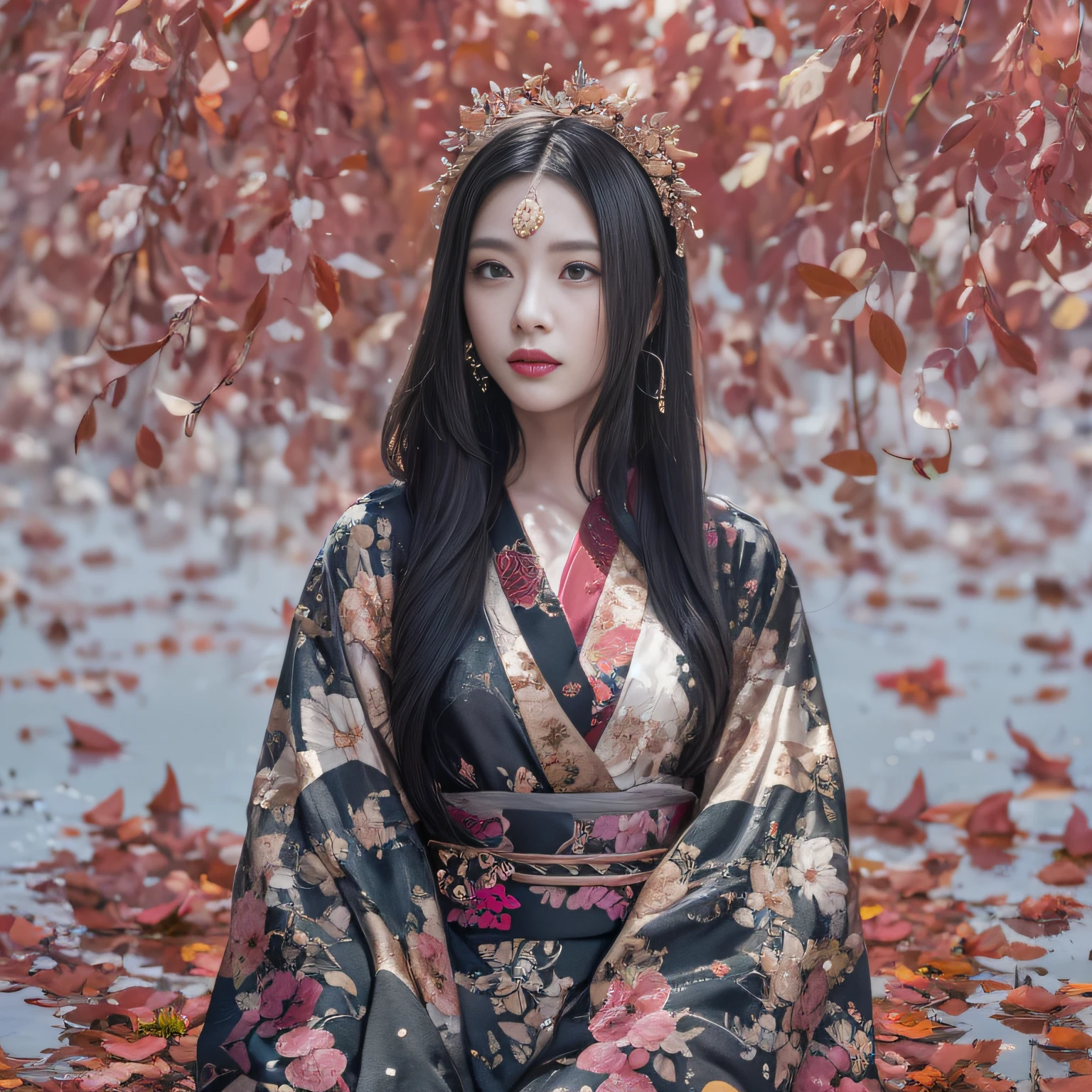 32K（tmasterpiece，k hd，hyper HD，32K）Long flowing black hair，ponds，zydink， a color，  Xuzhou people （Silly girl）， （Silk scarf）， Combat posture， looking at the ground， long whitr hair， Floating hair， Carp pattern headdress， Chinese long-sleeved clothing， （abstract ink splash：1.2）， Pink petal background，Pink and white lotus flowers fly（realisticlying：1.4），Black color hair，Fallen leaves flutter，The background is pure， A high resolution， the detail， RAW photogr， Sharp Re， Nikon D850 Film Stock Photo by Jefferies Lee 4 Kodak Portra 400 Camera F1.6 shots, Rich colors, ultra-realistic vivid textures, Dramatic lighting, Unreal Engine Art Station Trend, cinestir 800，Long flowing black hair，Denim skirt