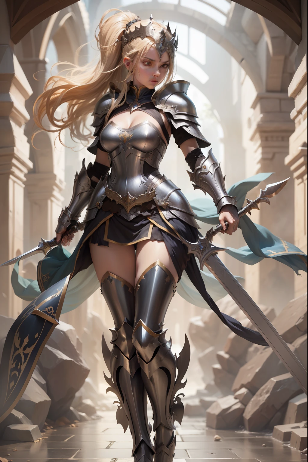 Female warrior, blonde, fierce eyes, beautiful armor,  holding a sword. Focus