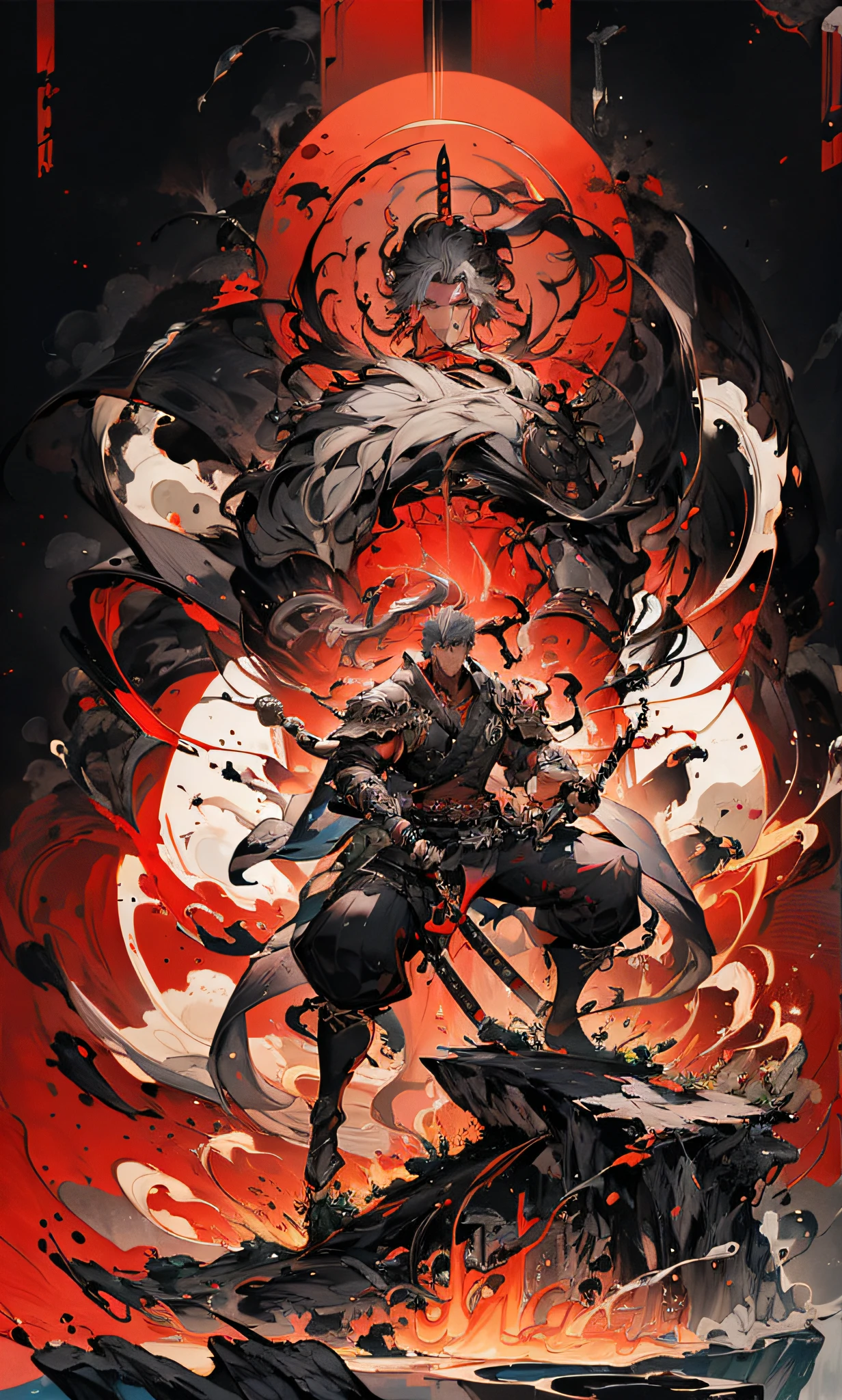 1boy, weapon, male focus, , long hair, , , holding sword, , , standing, armor, grey hair, sheath, pectorals, , belt, scabbard, shoulder armor, full body, smoke, facial hair, jewelry, pants, red eyes, , muscular, ,,
FH
