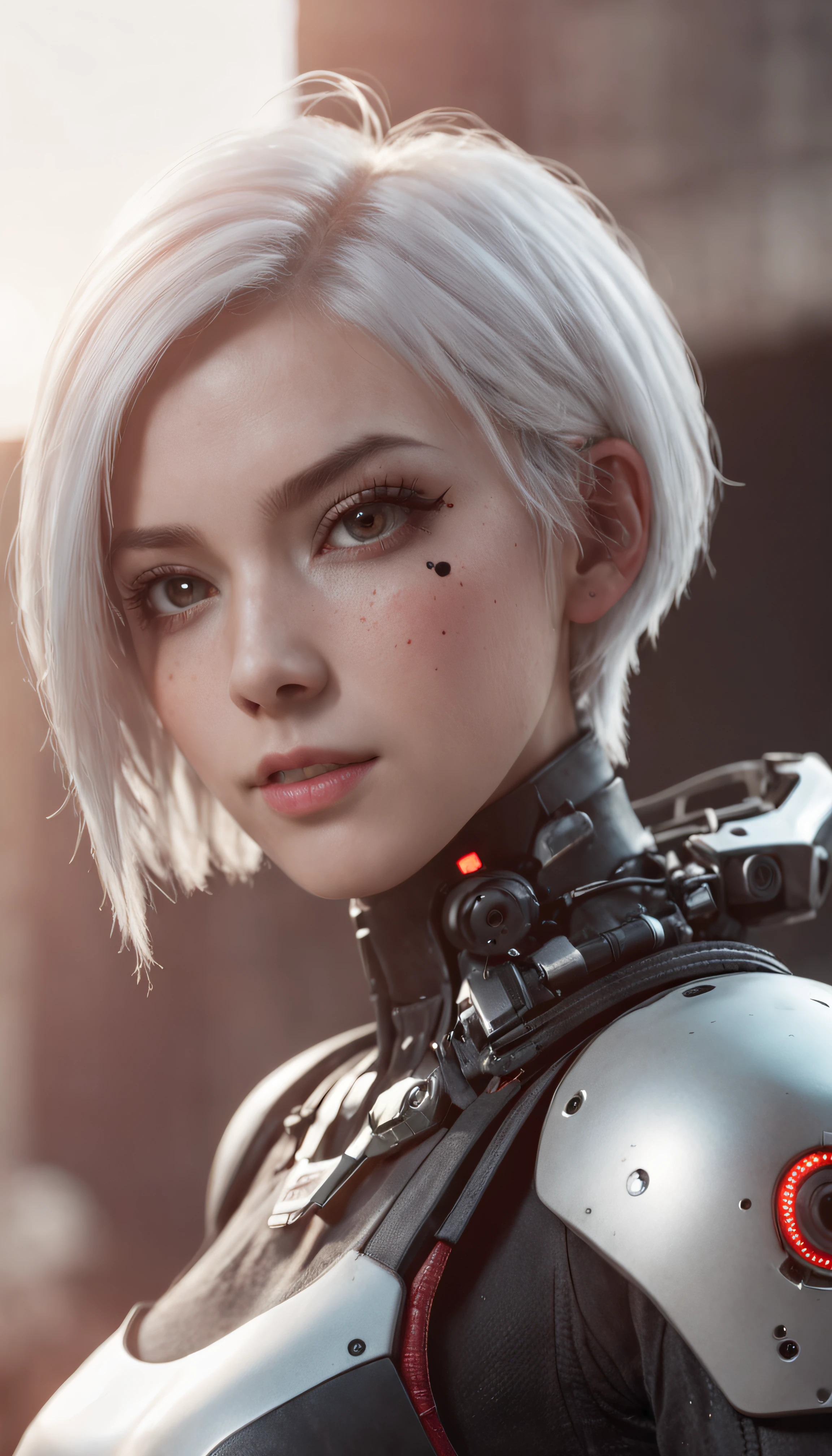 This is a CG Unity 8k wallpaper with ultra-detailed, high-resolution and top quality in cyberpunk style, dominated by black and red. In the picture, a beautiful girl with white messy short hair, a delicate face, wearing a steam mecha mask, standing on the ruins, behind her is a huge robot, Social realism, Hyperrealism, sparkle, cinematic lighting, lens flare, Ultra-Wide Angle