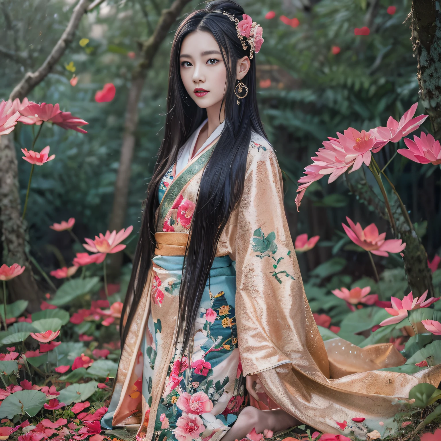 32K(tmasterpiece,k hd,hyper HD,32K)Long flowing black hair,ponds,zydink, a color, Xuzhou people (Silly girl), (Silk scarf), Combat posture, looking at the ground, long whitr hair, Floating hair, Carp pattern headdress, Chinese long-sleeved clothing, (abstract ink splash:1.2), Pink petal background,Pink and white lotus flowers fly(realisticlying:1.4),Black color hair,Fallen leaves flutter,The background is pure, A high resolution, the detail, RAW photogr, Sharp Re, Nikon D850 Film Stock Photo by Jefferies Lee 4 Kodak Portra 400 Camera F1.6 shots, Rich colors, ultra-realistic vivid textures, Dramatic lighting, Unreal Engine Art Station Trend, cinestir 800,Long flowing black hair,Denim skirt