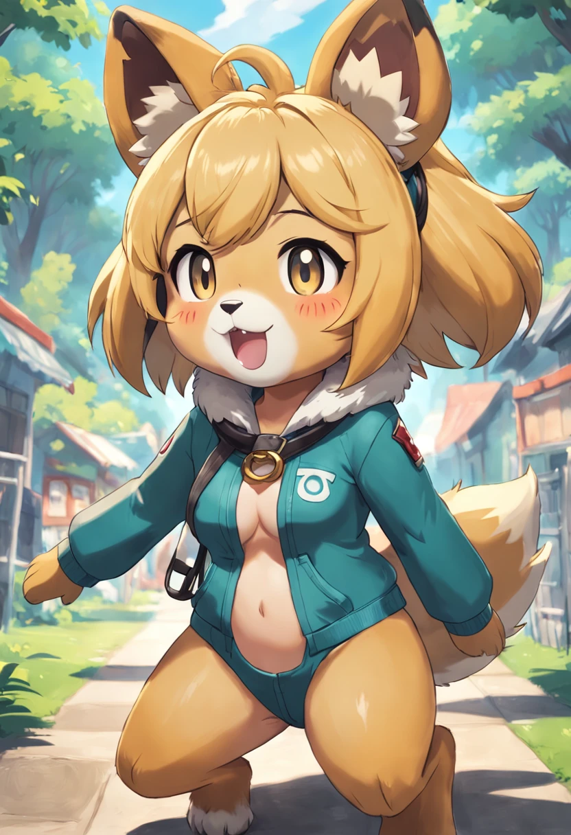 Isabelle, animal crossing, cute, happy, nsfw, best quality, crisp, high res, beautiful, small breasts, furry, anthro, sharp image, focus, paws, chibi, short, adorable, furry body, closed mouth, coveralls,