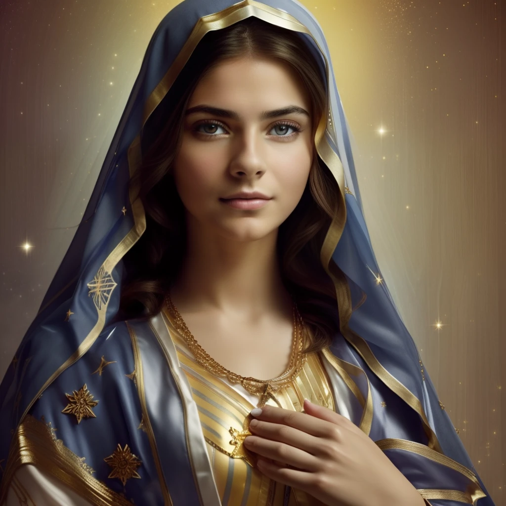 ((Blessed Virgin Mary. 19 years old))) ((( Con una cara seria y piadosa. Con una mirada dulce y tierna))) (obra maestra, calidad superior, mejor calidad, arte oficial, beautiful and aesthetic: 1.2), (1girl), extremadamente detallado, (Arte fractal: 1.3), colorido, highest detailed, Cara perfecta, parte superior del cuerpo, HDR, (orando: 1.3), (golden lines of white coat: 1.2), galaxia, (rayas de luz), eye-catching visuals, (dynamic stripes, senderos luminosos: 1.2), colores vibrantes,