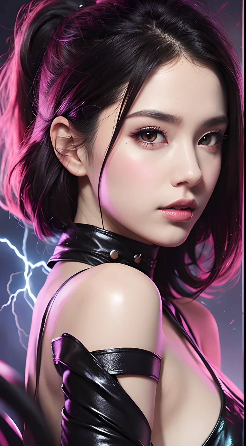 um close up de uma mulher com cabelo roxo e um top preto, desenhado no estilo de Artgerm, Modelo IG | Artgerm, Alena Aenami e Artgerm, splashes of lightning behind her, Ross Tran 8 K, Artgerm extremamente detalhado, menina cyberpunk sonhadora, em estilo de artgerm, Estilo de arte realista