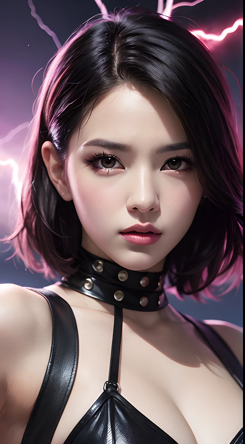 um close up de uma mulher com cabelo roxo e um top preto, desenhado no estilo de Artgerm, Modelo IG | Artgerm, Alena Aenami e Artgerm, splashes of lightning behind her, Ross Tran 8 K, Artgerm extremamente detalhado, menina cyberpunk sonhadora, em estilo de artgerm, Estilo de arte realista