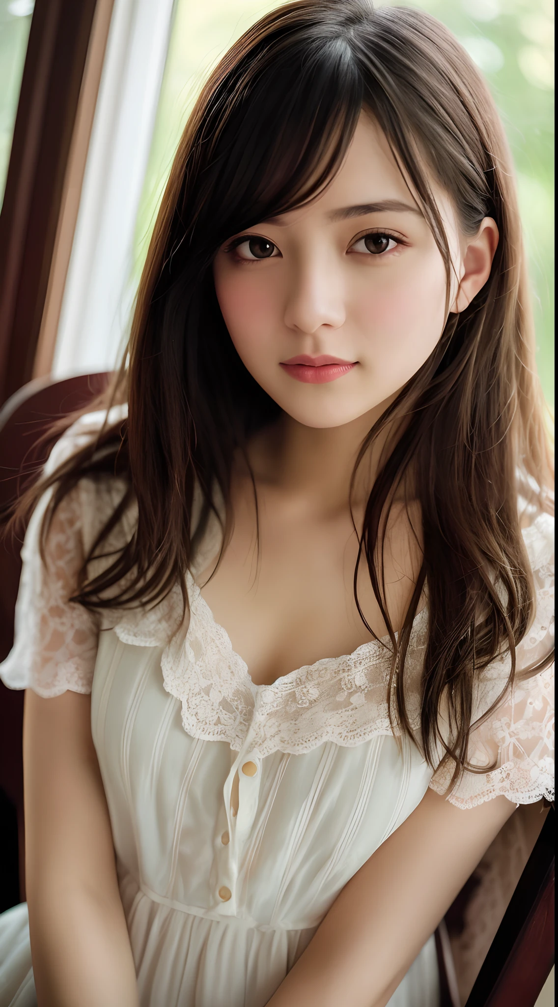 Stunning close-up portrait of a young and beautiful woman with RAW, analog style and impressive features. She should have long, flowing hair, a seductive gaze, and an attractive look. The background is neutral and simple, allowing the woman to be the focal point of the image. Pay attention to details, such as highlights and shadows on her face and hair, to create realistic and realistic images. Experiment with different lighting techniques to enhance the mood and atmosphere of your portrait. The final product should be a masterpiece that captures the essence and beauty of women ((Highly detailed skin, skin details)), Sharp Focus, Volumetric Fog, 8K, UHD, DSLR, High Quality, Film Grain, Fujifilm XT3, Camisole Dress, Hemp Dress, Floral Dress, Short-Term Hair, Disheveled Hair, Antique Cafe Chair, Little smile, rain outside the window, crowd, night, evening, warm light, dark light, blurred light, heavy rain