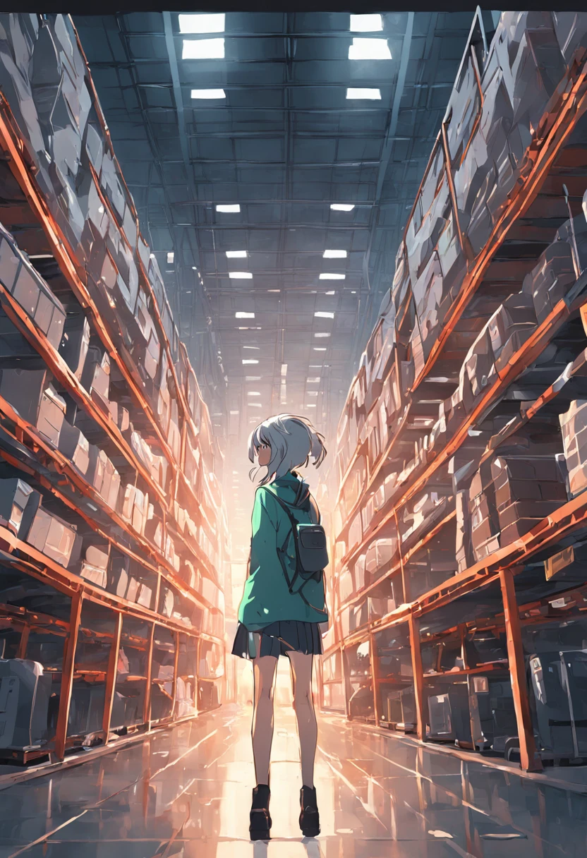 warehouse with big racks, forklift,employees with handheld devices, nice and clean,( reasonable design, Clear lines, High sharpness,Best quality, Very detailed, Masterpiece, movie light effect, 4K )