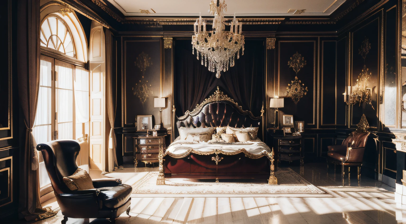 Royal style bedroom, (luxury cowhide chair set:1.1), decorative wallpaper, realistic lighting, EU5, beautiful rendering, Top quality, (((Masterpiece))), high quality customer rendering room, best quality, 4k, interior architecture, neoclassical, (some close-up images of objects, see details)