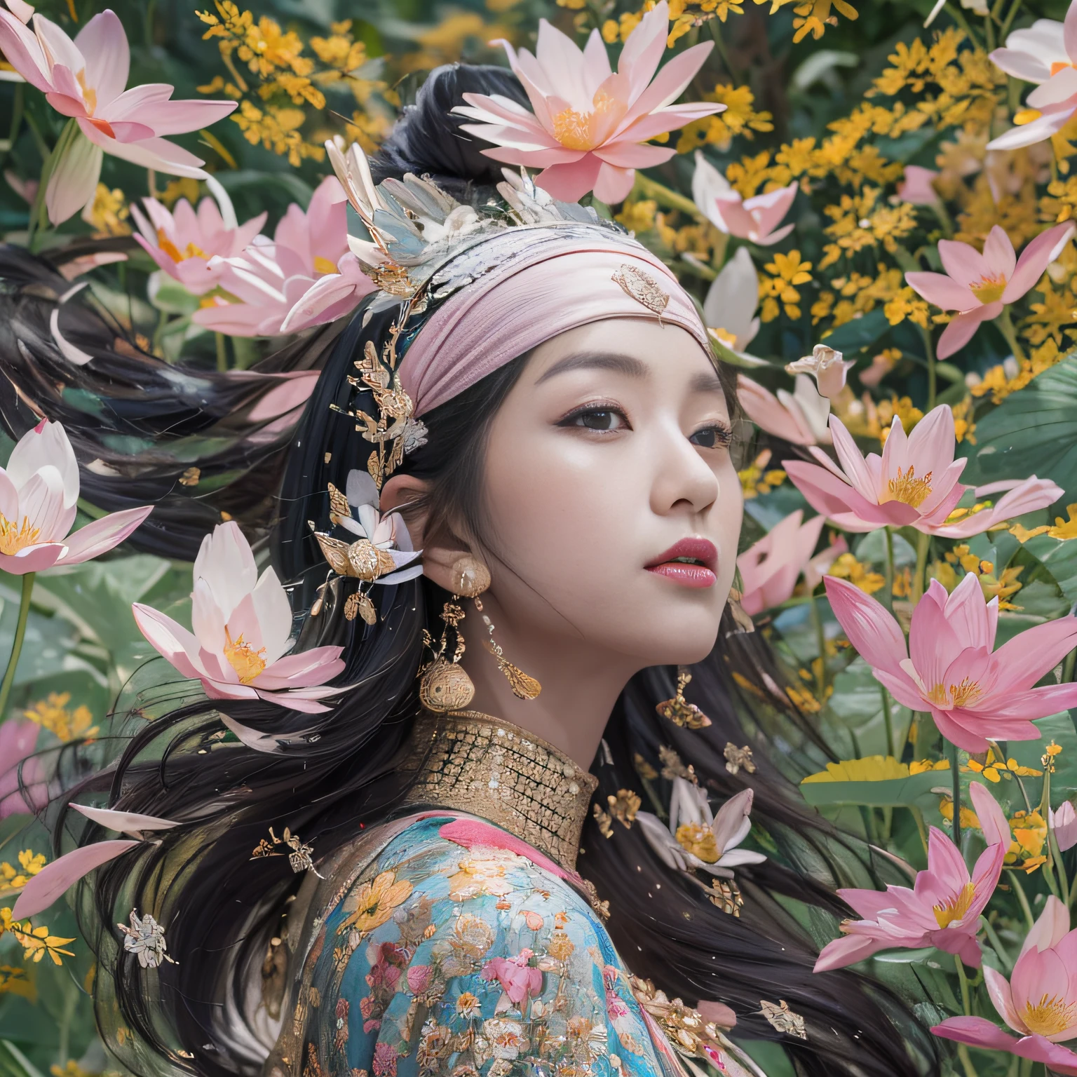 32K（tmasterpiece，k hd，hyper HD，32K）Long flowing black hair，ponds，zydink， a color，  Xuzhou people （Silly girl）， （Silk scarf）， Combat posture， looking at the ground， long whitr hair， Floating hair， Carp pattern headdress， Chinese long-sleeved clothing， （Abstract gouache splash：1.2）， Pink petal background，Pink and white lotus flowers fly（realisticlying：1.4），Black color hair，Fallen leaves flutter，The background is pure， A high resolution， the detail， RAW photogr， Sharp Re， Nikon D850 Film Stock Photo by Jefferies Lee 4 Kodak Portra 400 Camera F1.6 shots, Rich colors, ultra-realistic vivid textures, Dramatic lighting, Unreal Engine Art Station Trend, cinestir 800，Long flowing black hair