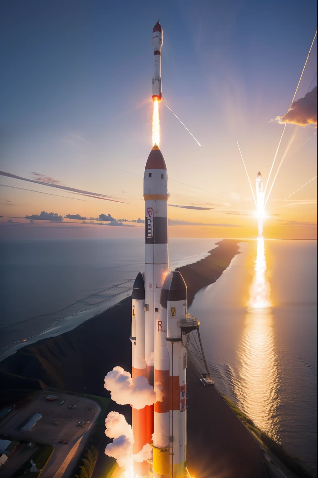 Launch of a rocket with sunset in the background, photoreallistic