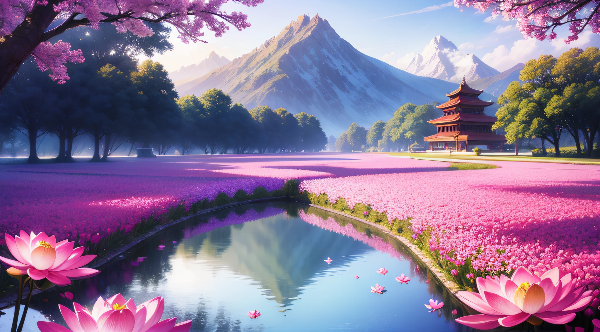 Overflowing, Close-Up Of Building With Pink Lotus Garden In Full Bloom, Beautiful Peaceful Landscape, Great Temple Of Flowers, Temple Background, Background Art, Far Mountain Edge, Sunset, Beautiful Animated Landscape, Most Beautiful Landscape, Beautiful Scene, Lotus Pond, Magnificent Background, Landscape, Beautiful Rendering Of Tang Dynasty, Very Beautiful Landscape, Bliss landscape, colorful movie background, fantasia, red purple world, 64k, realistic, vivid, shinkai style