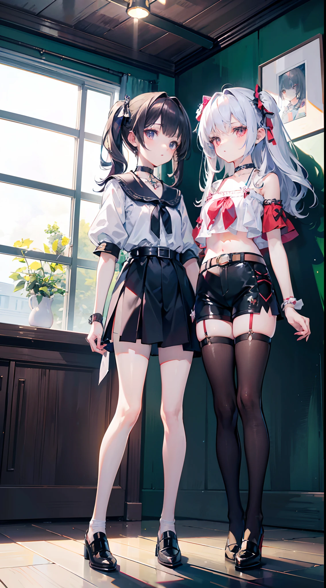 ,twins, Masterpiece,Best quality,offcial art,Extremely detailed Cg Unity 8K wallpaper, 2girls, cute female child, Yuri, hair adornments, Short shorts, Crop top, Pantyhose, ribbon_choker necklace, leg belt,