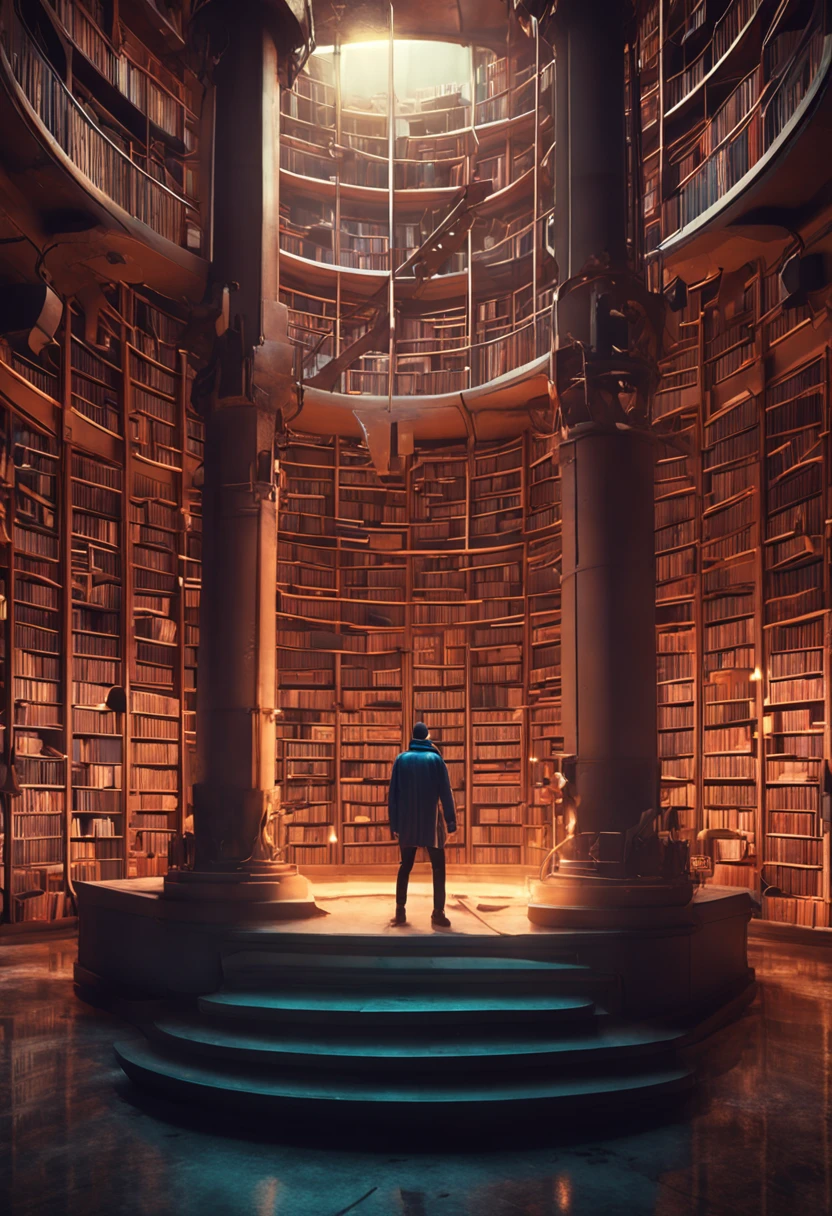 arafed image of a man standing in a library with books, endless books, borne space library artwork, books cave, fantasy book illustration, spiral shelves full of books, infinite celestial library, an eternal library, gothic epic library concept, magic library, japanese sci - fi books art, beeple and jean giraud, books all over the place