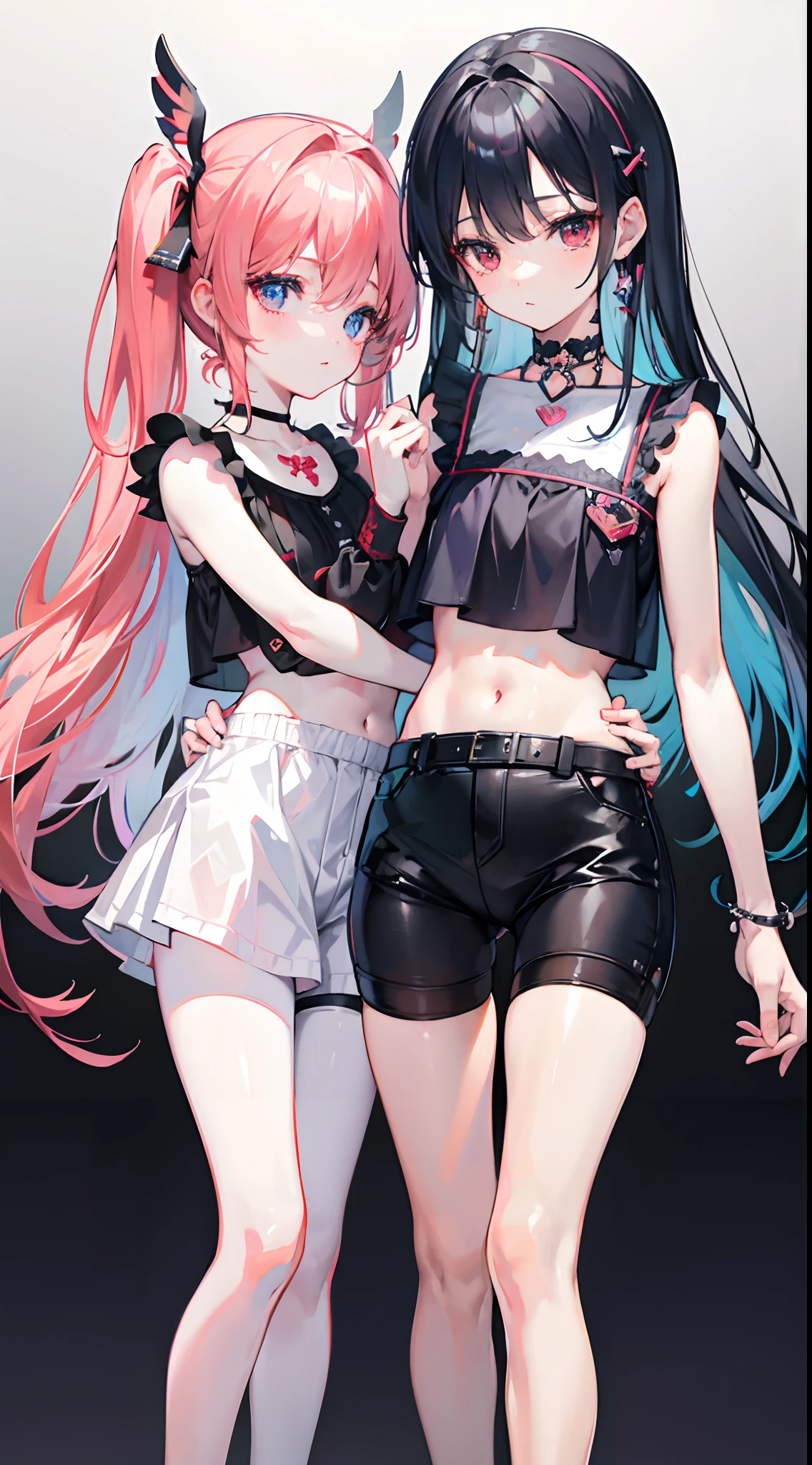 ,twins, Masterpiece,Best quality,offcial art,Extremely detailed Cg Unity 8K wallpaper, 2girls, cute female child, Yuri, hair adornments, Short shorts, Crop top, Pantyhose, ribbon_choker necklace, leg belt,