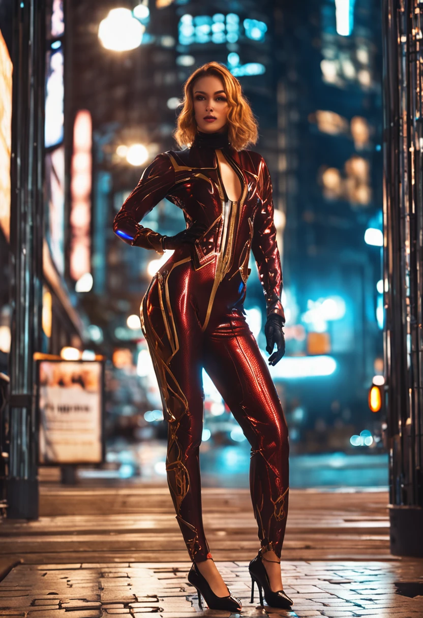 (((best quality))), (((masterpiece))), solo, super fine photo, full body picture Unreal Engine 5 8K UHD, beautiful woman, curvy woman, face detailed, wearing skin tight latex catsuit with gold lace, latex collar, latex gloves, latex long socks with straps, arm and leg cuffs, unified 8k wallpaper, hyper detailed, sharp focus, walking in the futuristic city.