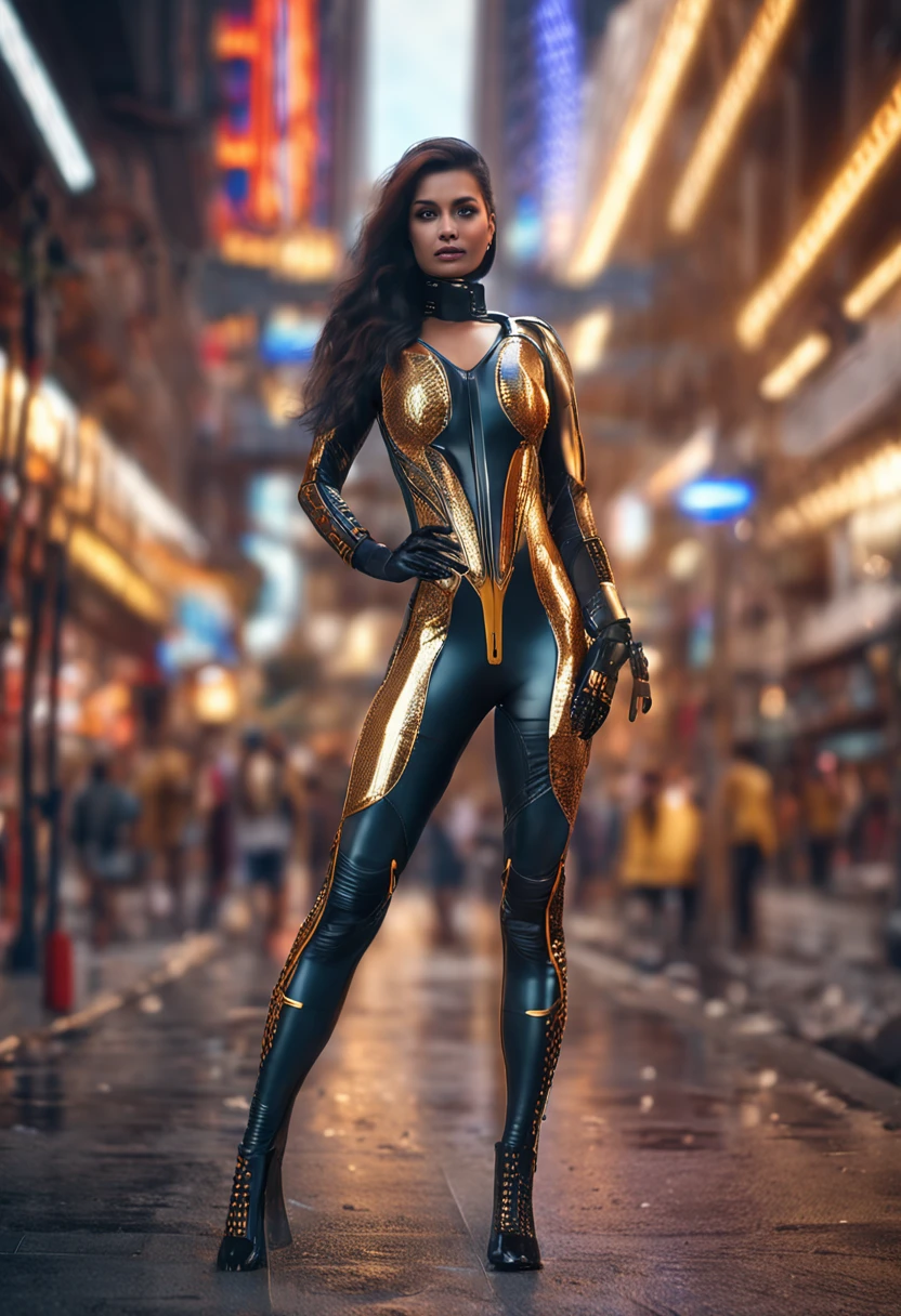 (((best quality))), (((masterpiece))), solo, super fine photo, full body picture Unreal Engine 5 8K UHD, beautiful woman, curvy woman, face detailed, wearing skin tight latex catsuit with gold lace, latex collar, latex gloves, latex long socks with straps, arm and leg cuffs, unified 8k wallpaper, hyper detailed, sharp focus, walking in the futuristic city.