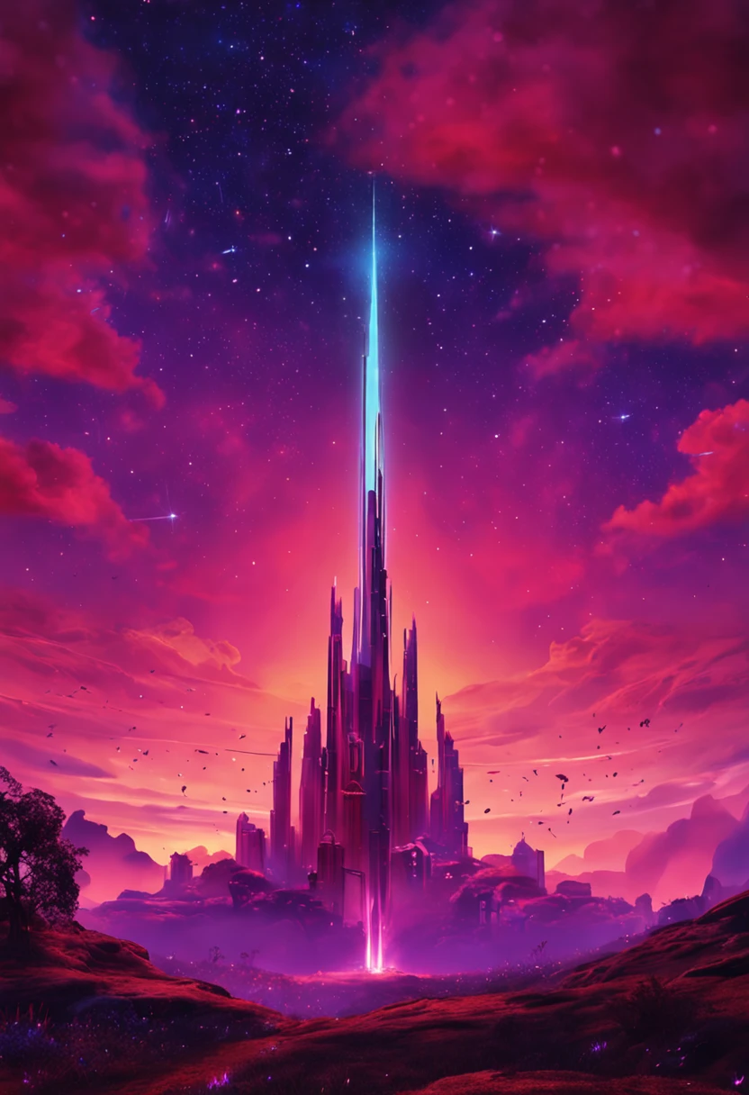 towers of god, blue towers, violet, blue, red, god, red sky, violet sky, starry sky, stars, starry towers, starry god, light blue, civilization, order