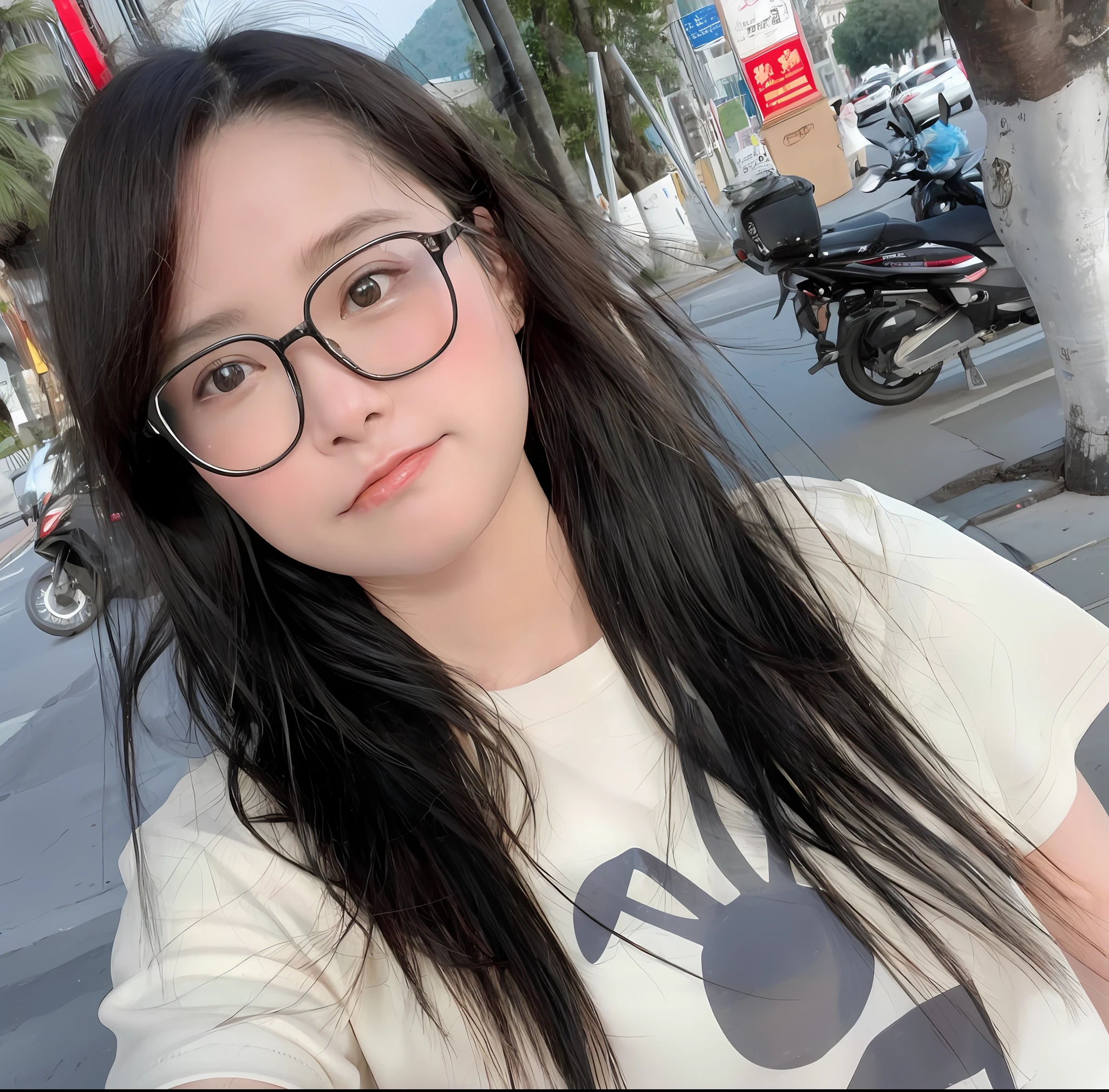 There is a woman wearing glasses taking a selfie on the street, 2 8 years old, 2 7 years old, dang my linh, 2 9 years old, With glasses, 1 8 I, wavy long black hair and glasses, 2 3 years old, 21 years old, 2 2 years old, 3 2 - year - old, xintong chen, very low quality