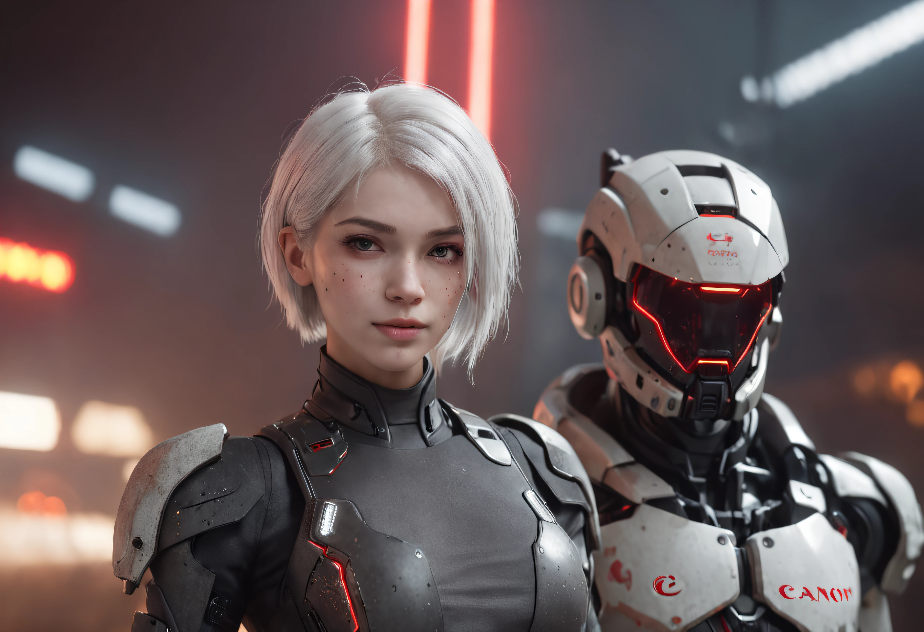 This is a CG Unity 8k wallpaper with ultra-detailed, high-resolution and top quality in cyberpunk style, dominated by black and red. In the picture, a beautiful girl with white messy short hair, a delicate face, wearing a steam mecha mask, standing on the ruins, behind her is a huge robot, Social realism, Hyperrealism, sparkle, cinematic lighting, lens flare, Ultra-Wide Angle