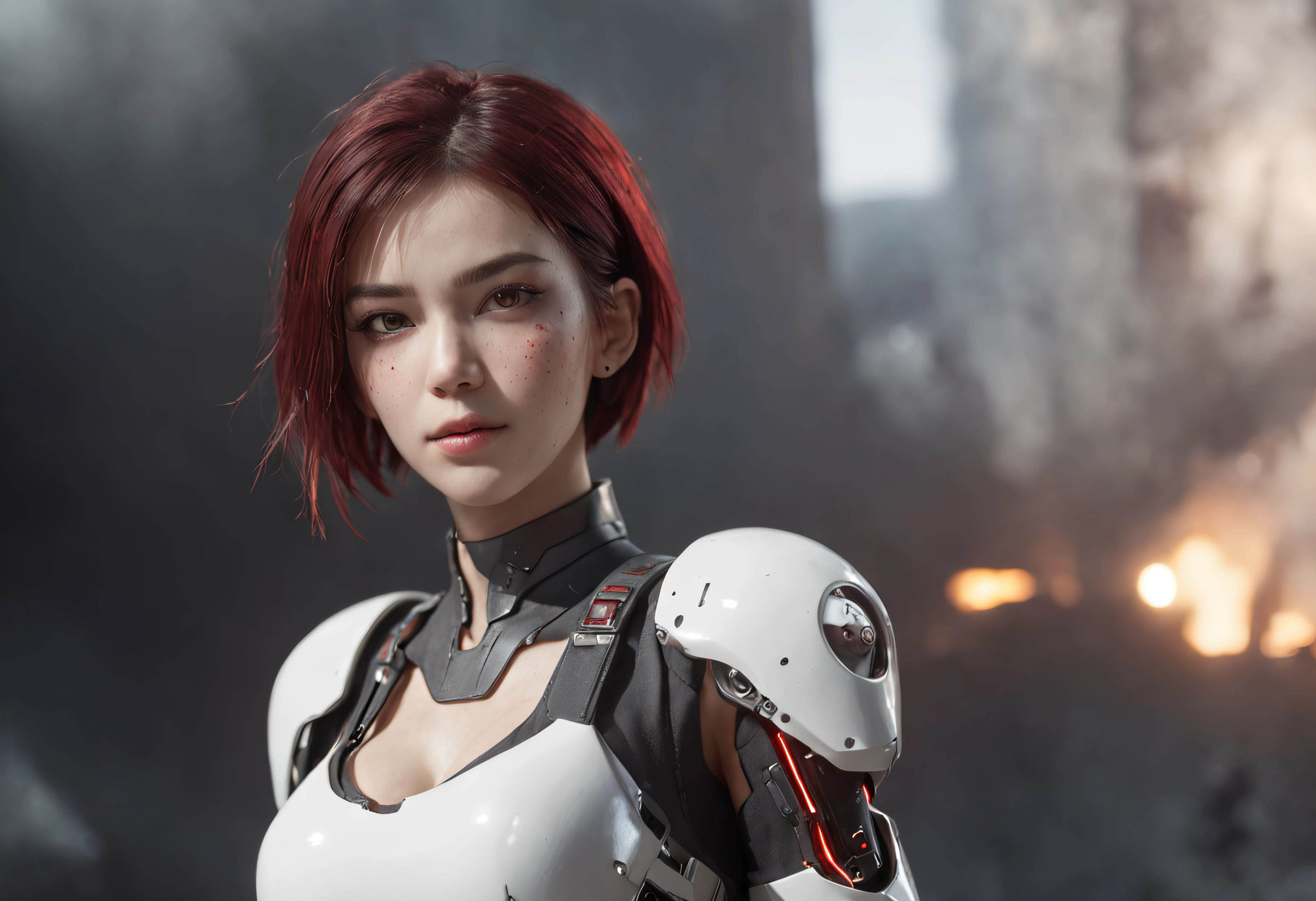 This is a CG Unity 8k wallpaper with ultra-detailed, high-resolution and top quality in cyberpunk style, dominated by black and red. In the picture, a beautiful girl with white messy short hair, a delicate face, wearing a steam mecha mask, standing on the ruins, behind her is a huge robot, Social realism, Hyperrealism, sparkle, cinematic lighting, lens flare, Ultra-Wide Angle
