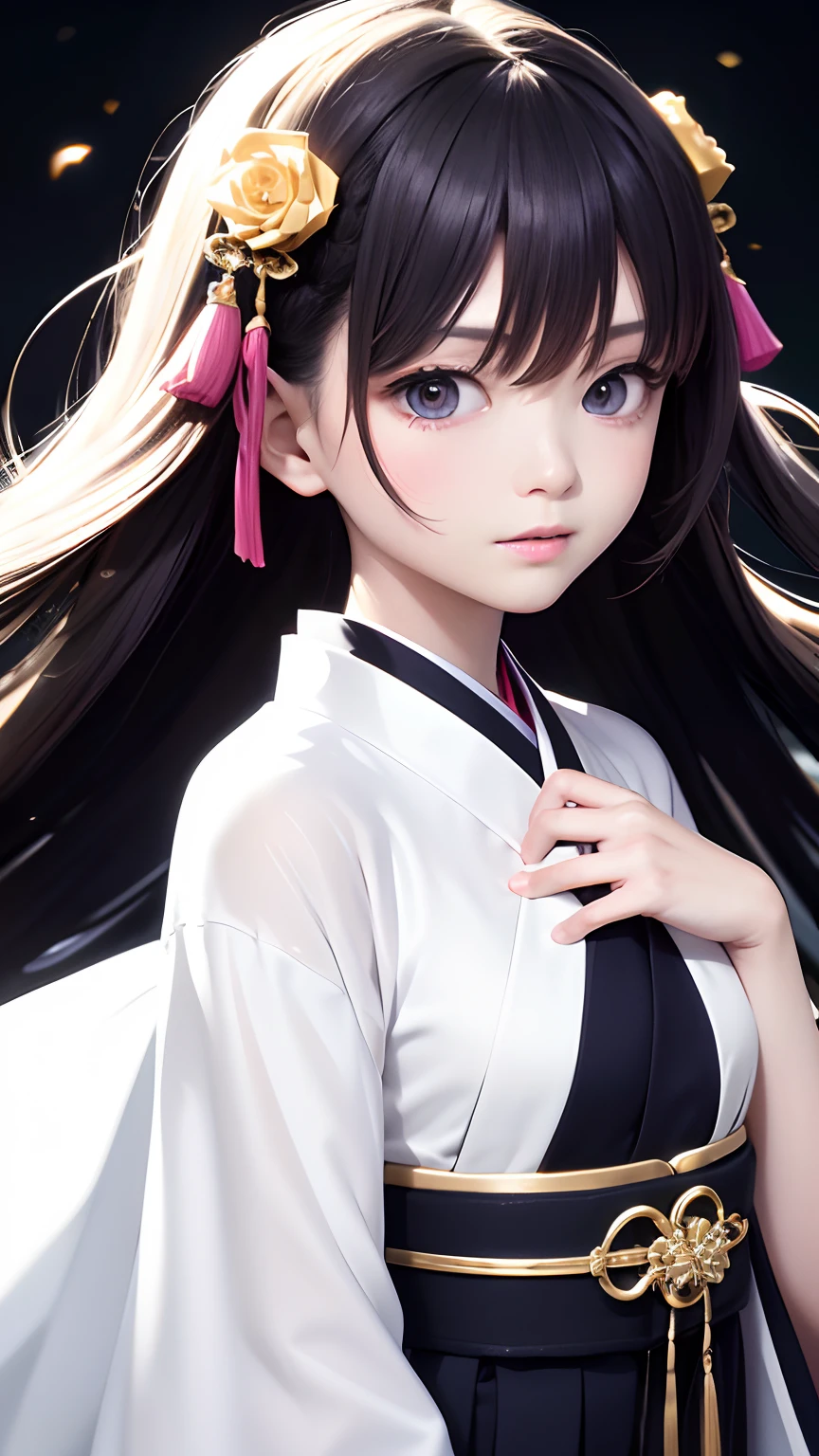 The pictures that need to be drawn should be of high quality,A character with long purple-black hair flowing and golden eyes。She wears a white cape,Look up into the distance。The focus of the picture is on the upper body of the character,Pay attention to details of the hairline and skin。She has a side braid,wearing a hanfu,And wear delicate accessories。Calm expression,k hd,illustrious
