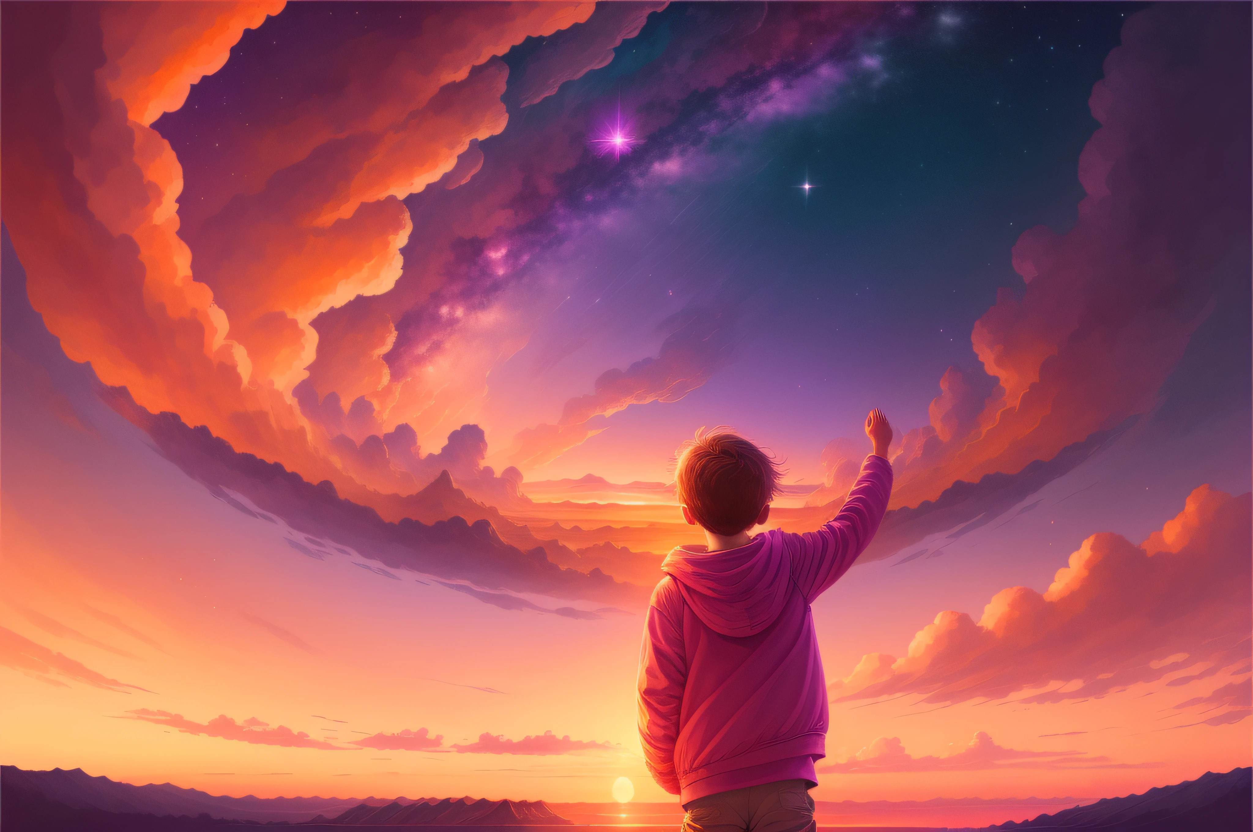 The sky above is a masterpiece of warm oranges, pinks, and purples, with the first stars beginning to twinkle as night approaches. The boy's outstretched arms convey a sense of openness and connection to the natural world around him. It's a moment frozen in time, capturing the beauty of nature and the pure joy of being in the presence of such breathtaking scenery.