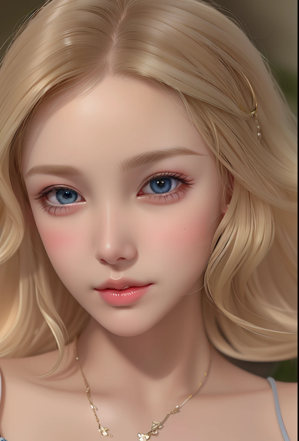 Blonde woman with shorts, Wavy, Blonde hair and necklace, Soft portrait shot 8 K, soft flawless pale skin, blonde hair and large eyes, cute delicate face, beautiful delicate face, Subtle makeup, Soft makeup, natural make up, Subtle makeup, beautiful face and flawless skin, medium close up portrait, closeup portrait, Natural soft pale skin