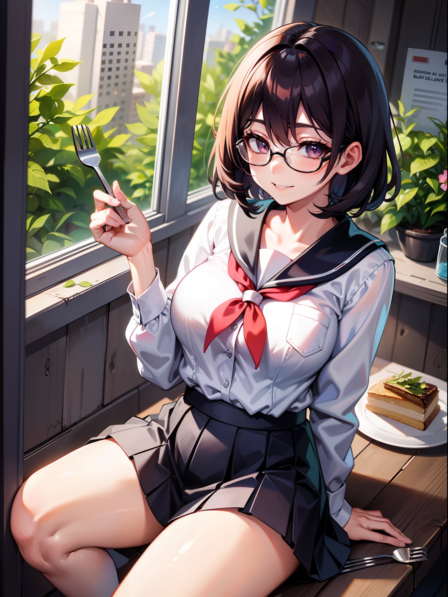 1 girl, thighs, school uniform, single, skirt, sailor collar, sitting, pleated skirt, glasses, serafuku, chalk ring, look at me, food, chest, shirt, indoors, short hair, stockings, window, big breasts, muffler , plant, fork, miniskirt, collarbone, smile, zettairyouiki, thigh, between legs, semi-rimless glasses, bangs, cheek, hair between eyes, hand up, plate