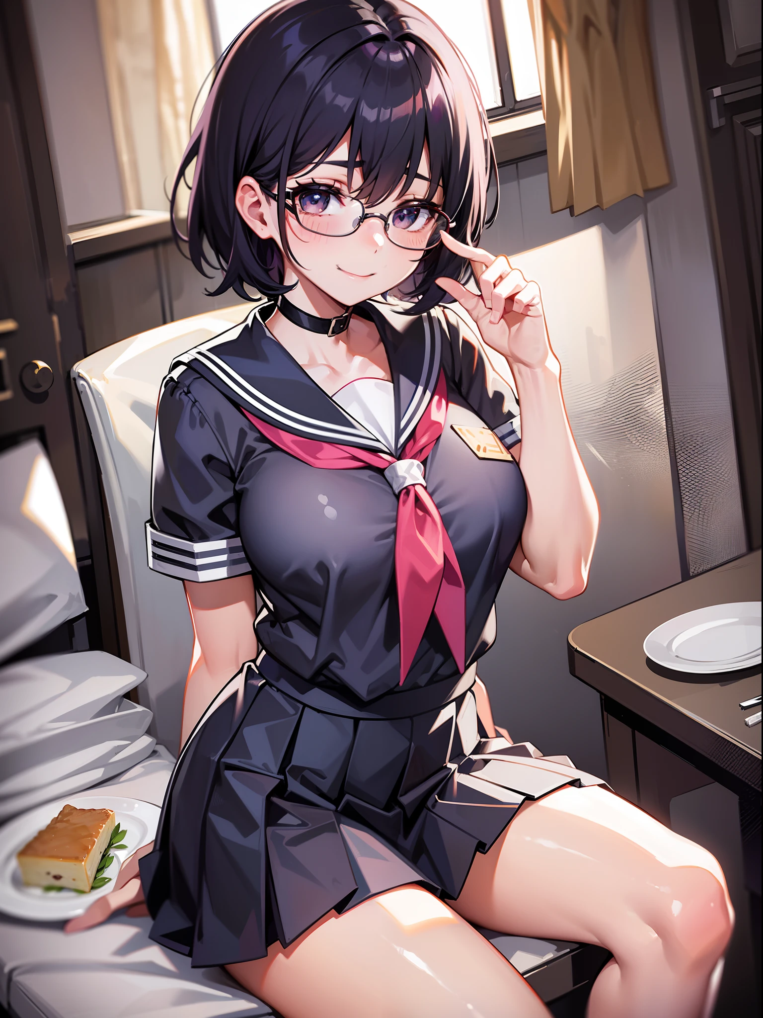 1 girl, thighs, school uniform, single, skirt, sailor collar, sitting, pleated skirt, glasses, serafuku, chalk ring, look at me, food, chest, shirt, indoors, short hair, stockings, window, big breasts, muffler , plant, fork, miniskirt, collarbone, smile, zettairyouiki, thigh, between legs, semi-rimless glasses, bangs, cheek, hair between eyes, hand up, plate