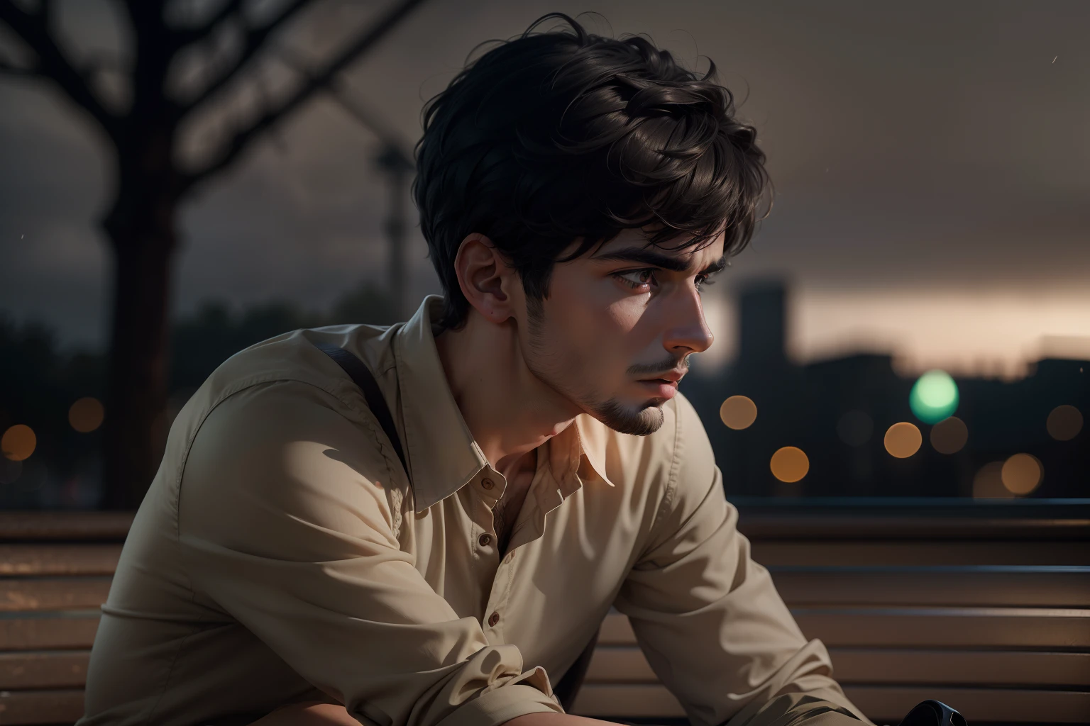 Ultra-realistic 8k image of a slim 25-year-old man, short black hair, dressed in a beige button-down blouse and beige pants, expression of terror, sitting on a park bench on a cloudy night
